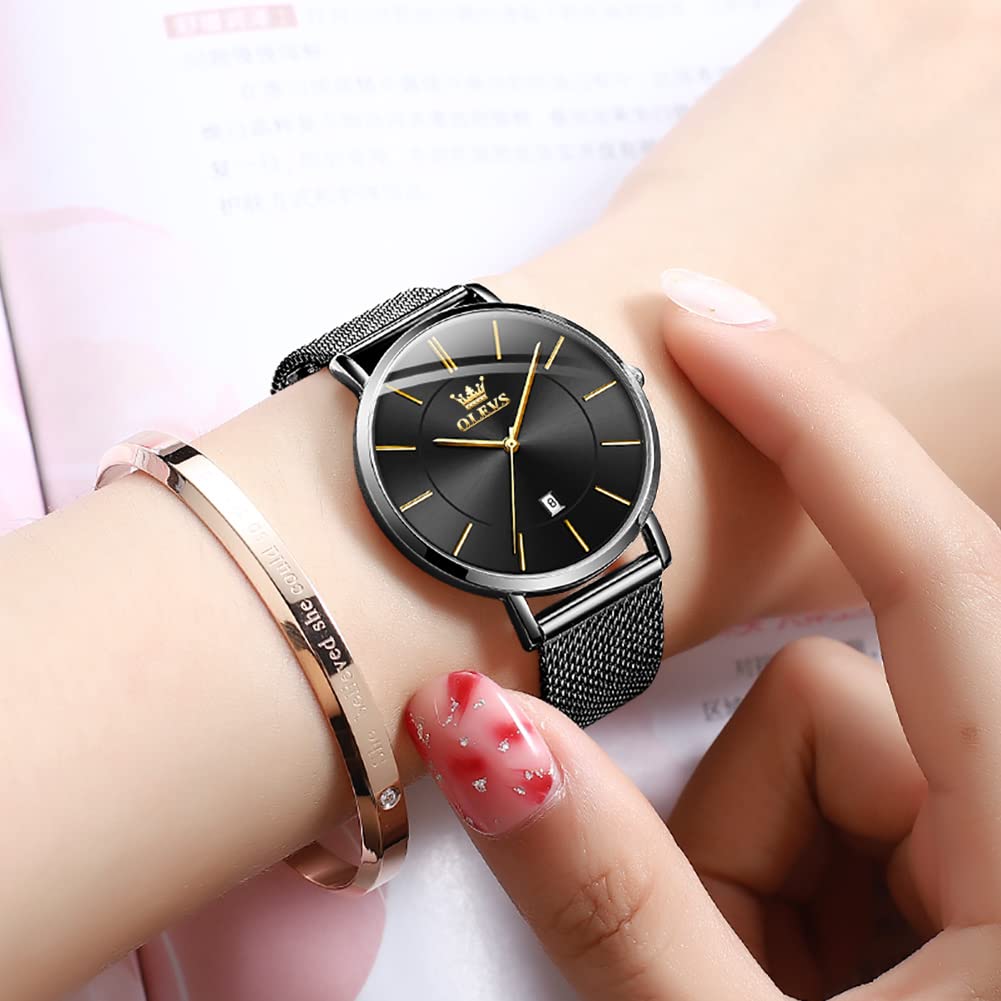 Foto 4 pulgar | Reloj Olevs De Malla Negra De Acero Inoxidable Para Mujer Con Fecha - Venta Internacional.