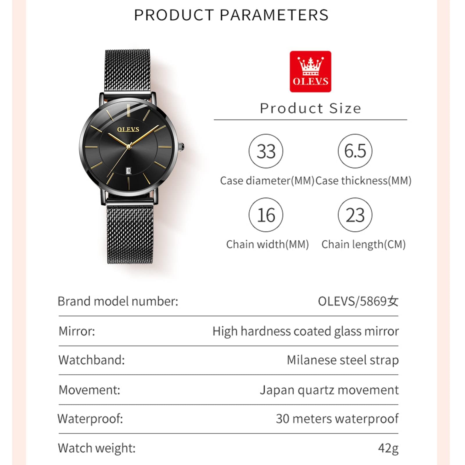 Foto 6 pulgar | Reloj Olevs De Malla Negra De Acero Inoxidable Para Mujer Con Fecha - Venta Internacional.