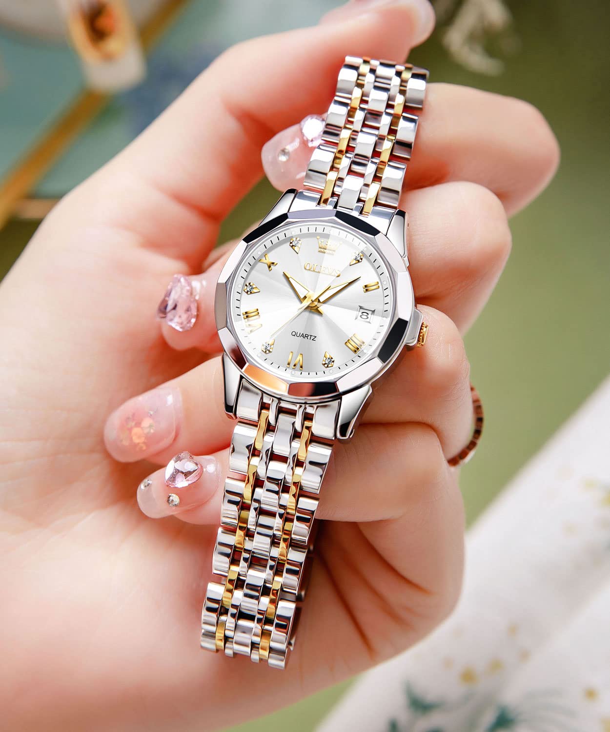 Foto 4 pulgar | Reloj Olevs Para Mujer Con Esfera Blanca Dorada Y Plateada Con Diamante - Venta Internacional.