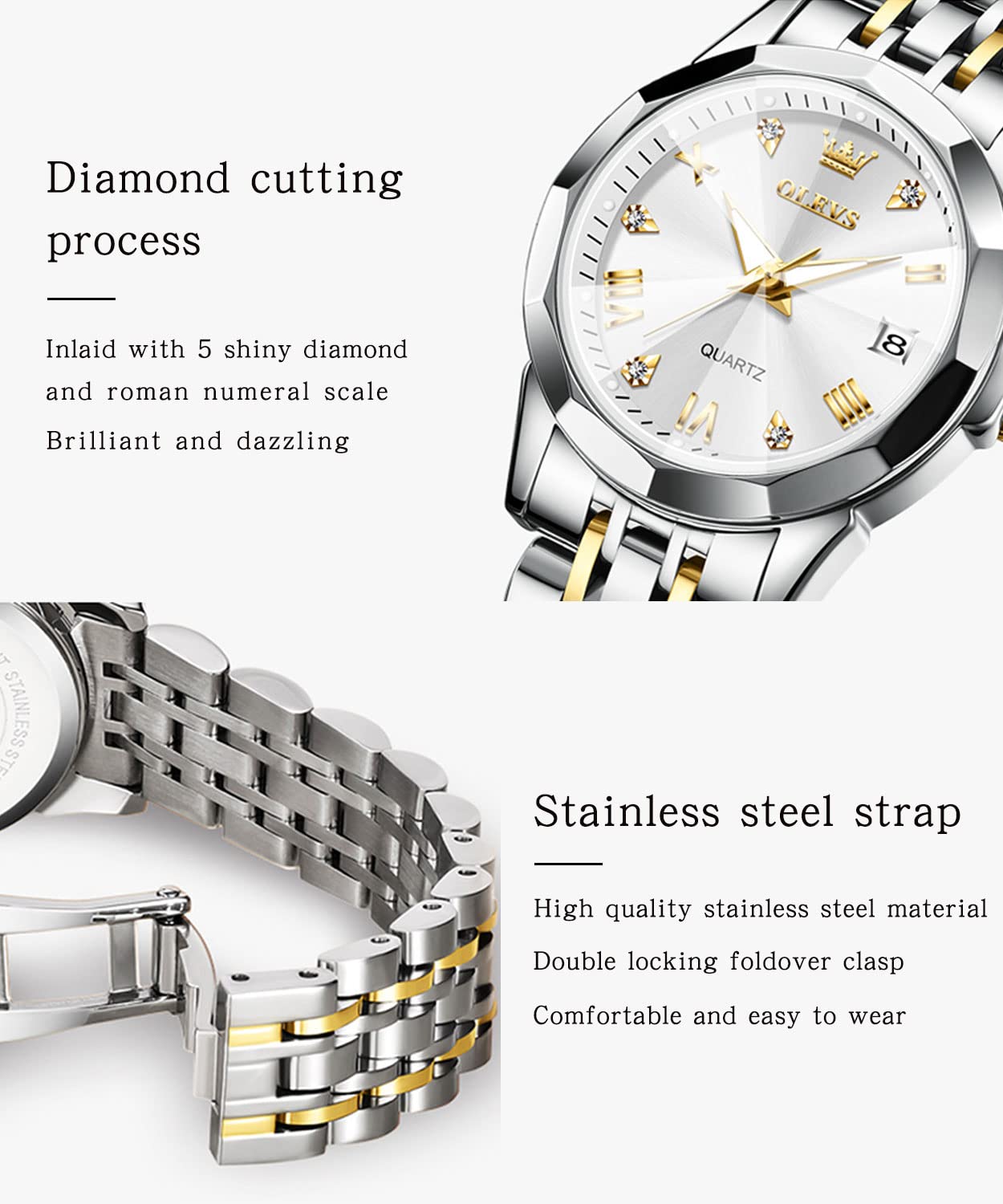 Foto 6 pulgar | Reloj Olevs Para Mujer Con Esfera Blanca Dorada Y Plateada Con Diamante - Venta Internacional.