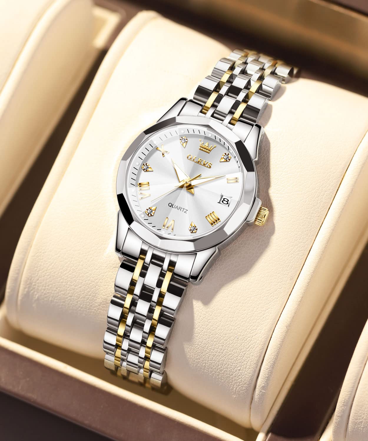 Foto 8 pulgar | Reloj Olevs Para Mujer Con Esfera Blanca Dorada Y Plateada Con Diamante - Venta Internacional.