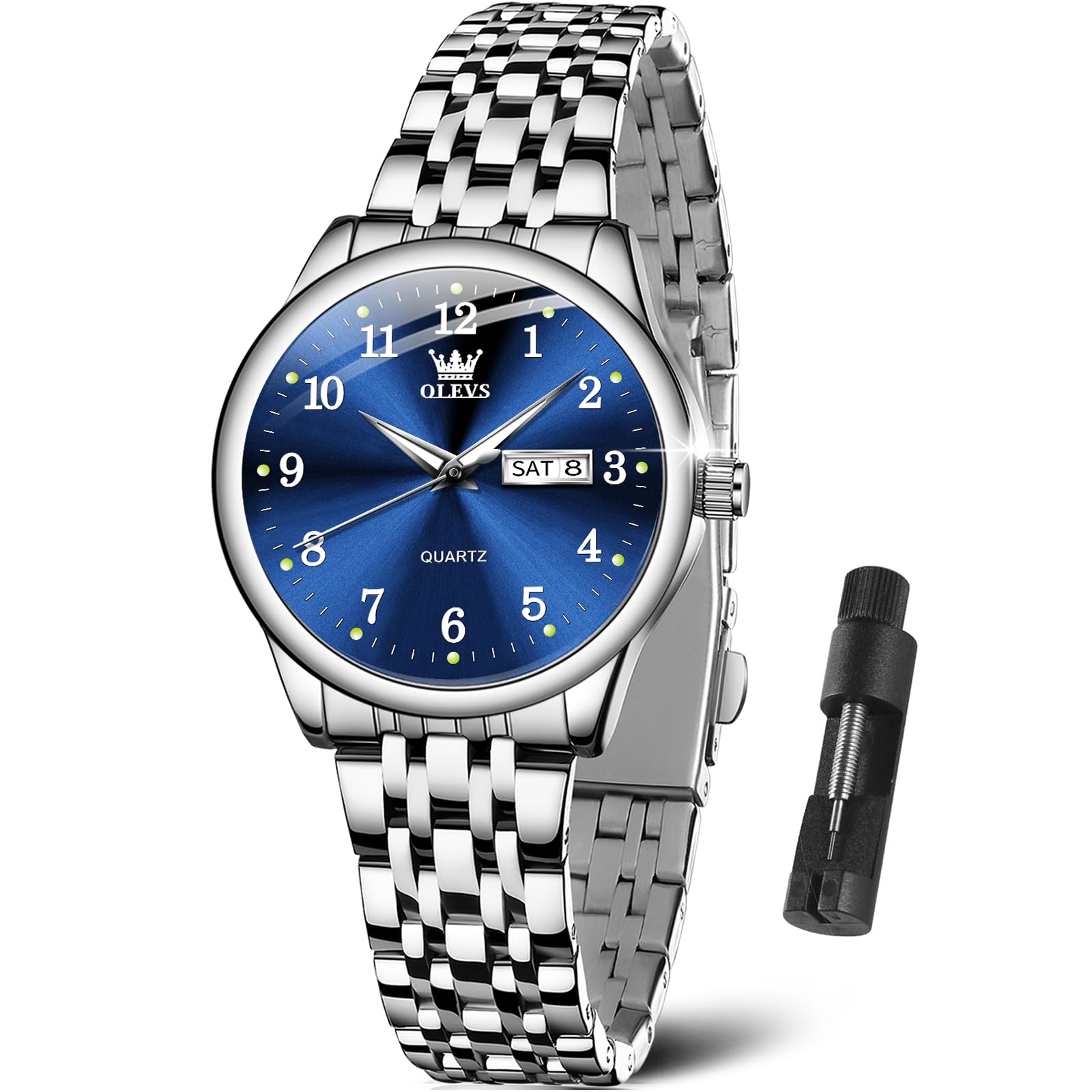 Foto 2 pulgar | Reloj Olevs Pequeño Plateado De Acero Inoxidable Con Esfera Azul Para Mujer - Venta Internacional.