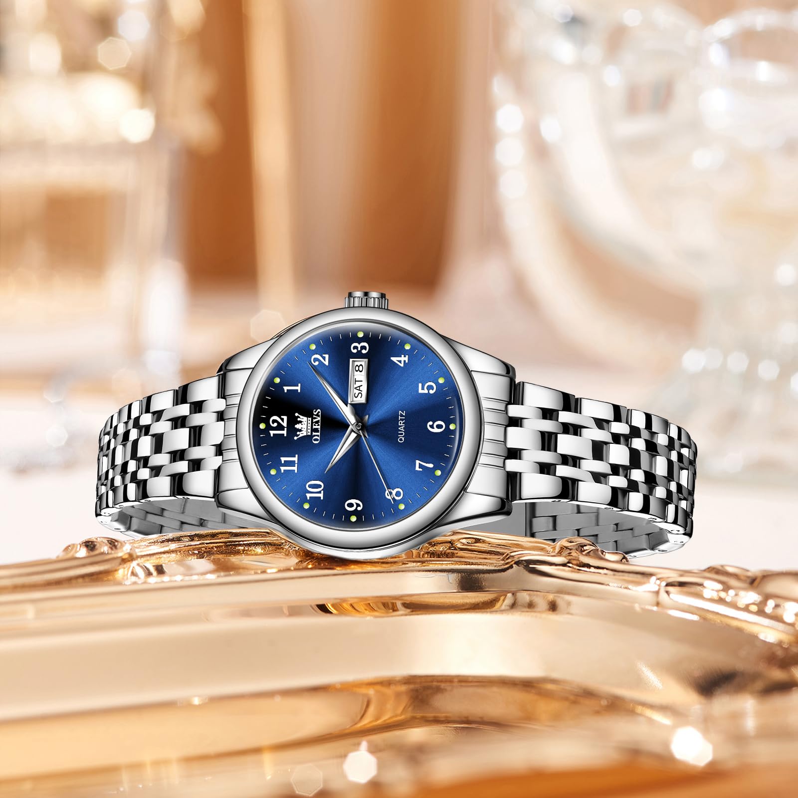 Foto 5 pulgar | Reloj Olevs Pequeño Plateado De Acero Inoxidable Con Esfera Azul Para Mujer - Venta Internacional.