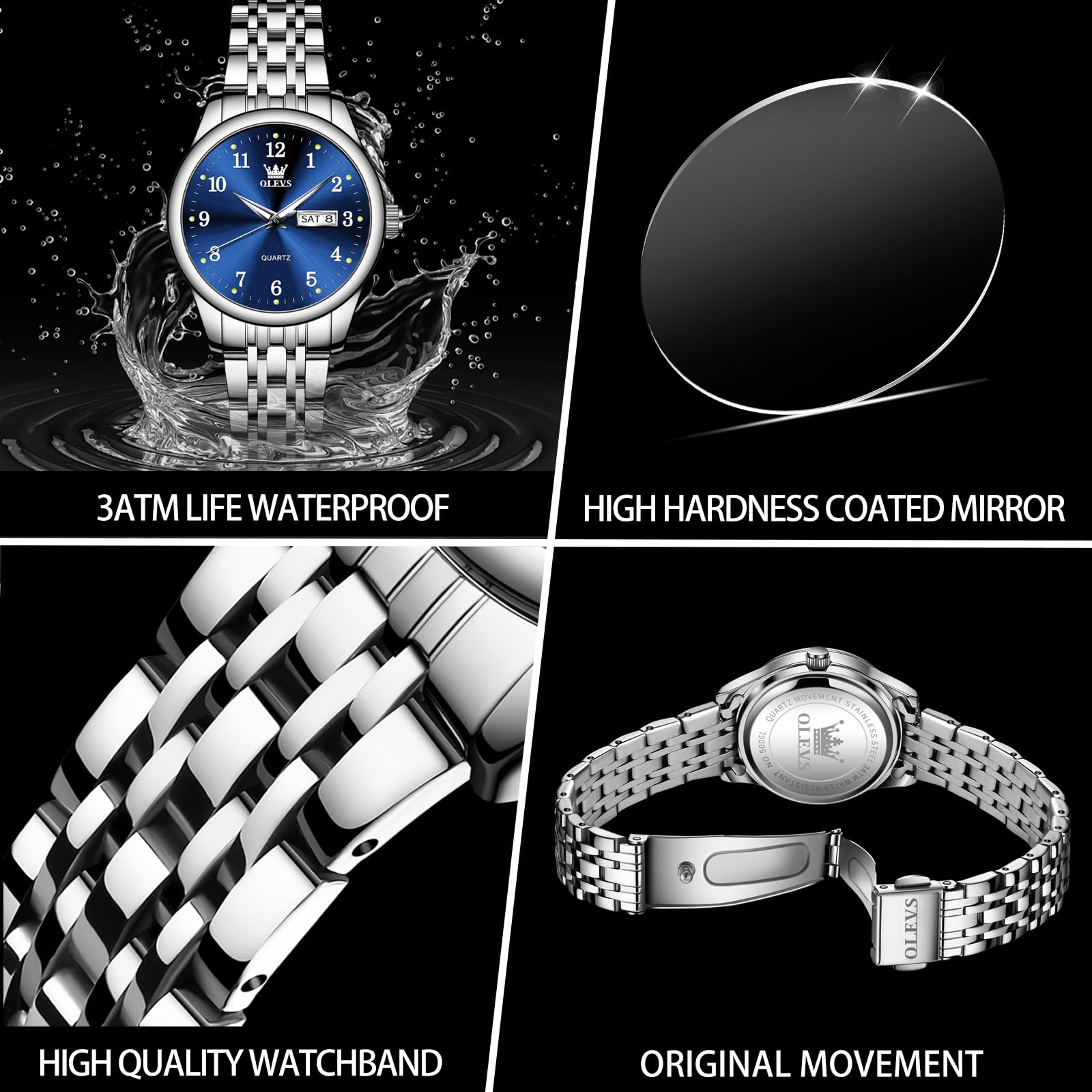 Foto 5 | Reloj Olevs Pequeño Plateado De Acero Inoxidable Con Esfera Azul Para Mujer - Venta Internacional.