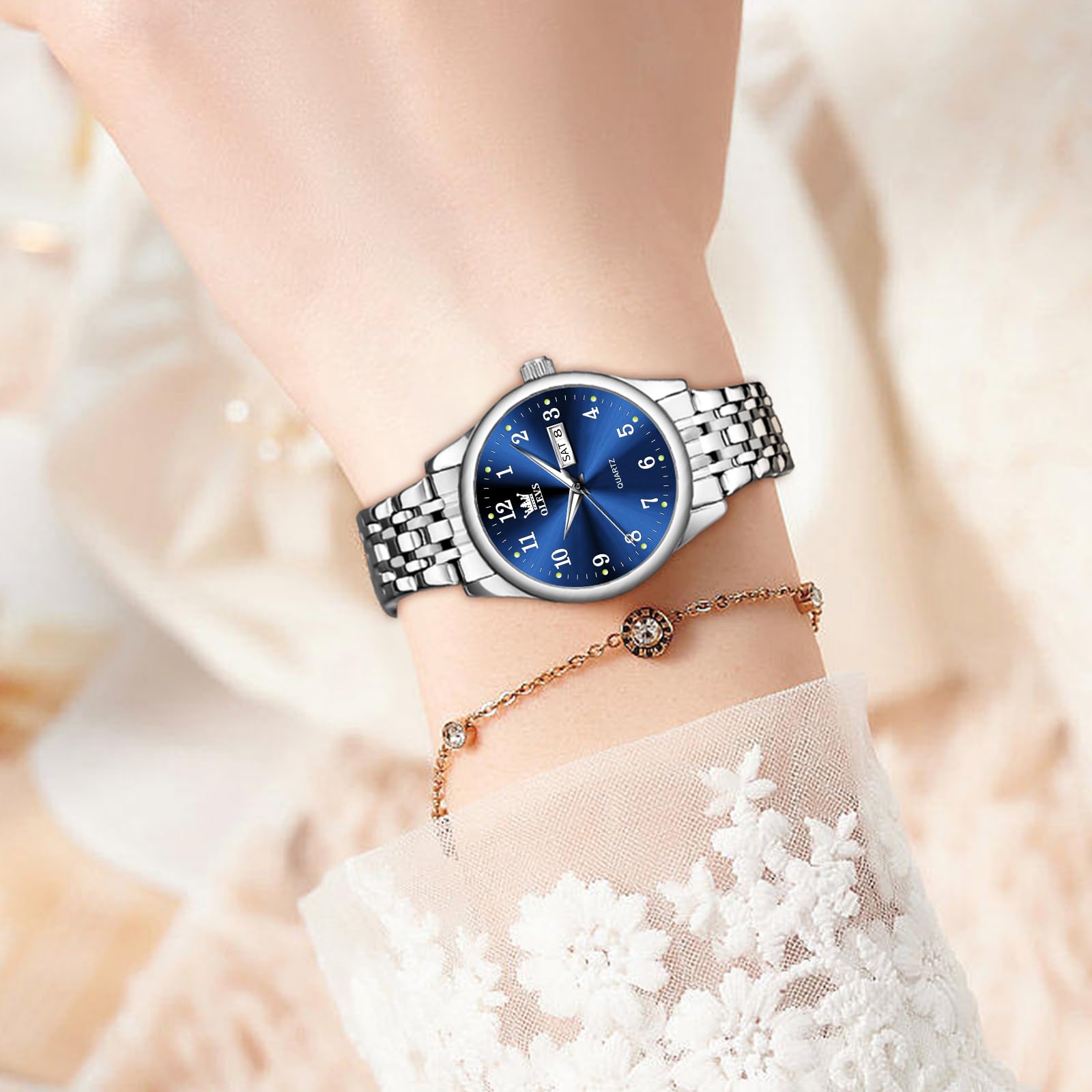 Foto 8 pulgar | Reloj Olevs Pequeño Plateado De Acero Inoxidable Con Esfera Azul Para Mujer - Venta Internacional.