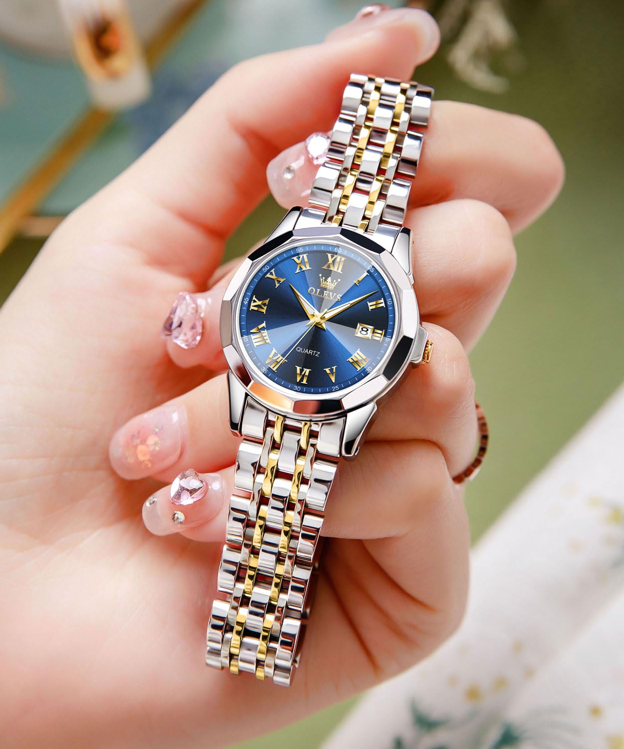 Foto 4 pulgar | Reloj Olevs Dorado Y Plateado Para Mujer De Acero Inoxidable - Venta Internacional.