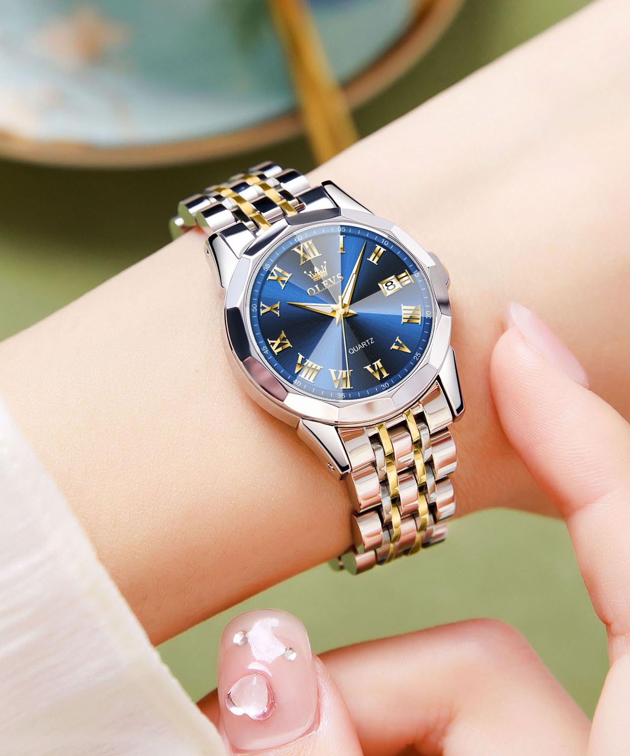 Foto 5 pulgar | Reloj Olevs Dorado Y Plateado Para Mujer De Acero Inoxidable - Venta Internacional.