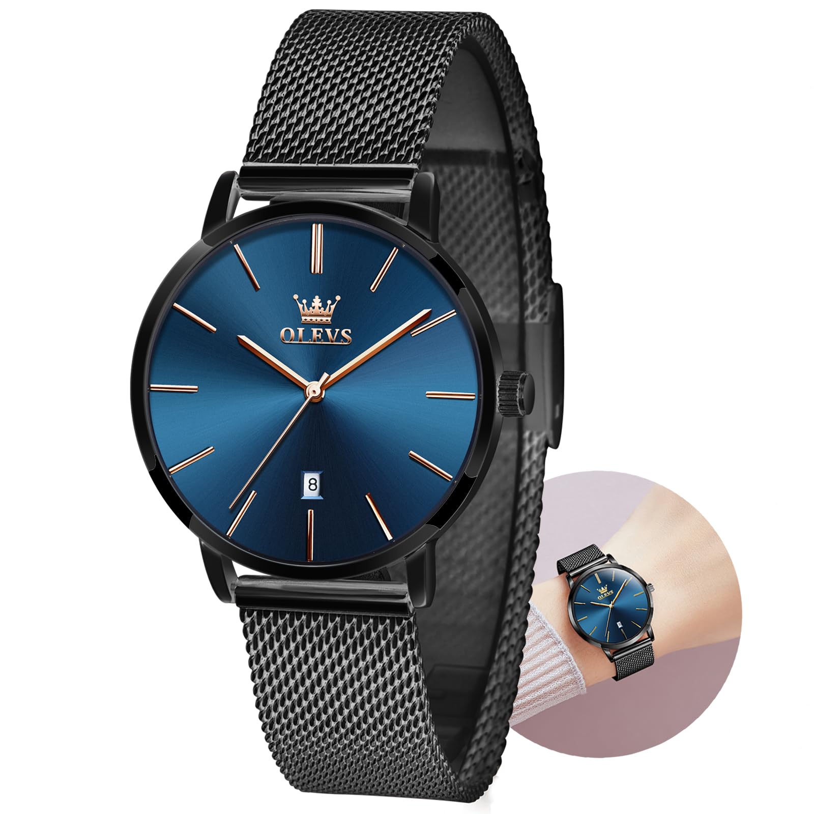 Reloj Olevs Black Elegant Slim Para Mujer Con Esfera Azul Y Fecha - Venta Internacional.