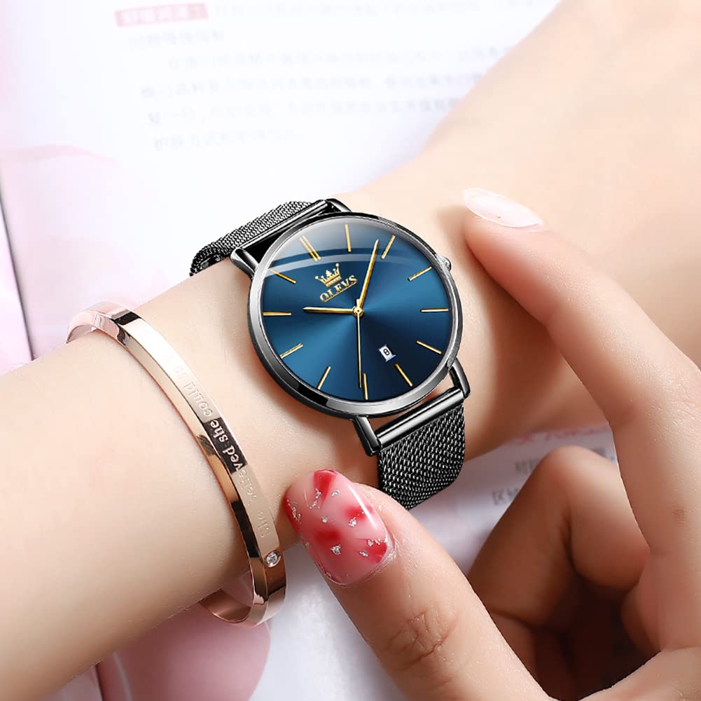 Foto 3 | Reloj Olevs Black Elegant Slim Para Mujer Con Esfera Azul Y Fecha - Venta Internacional.