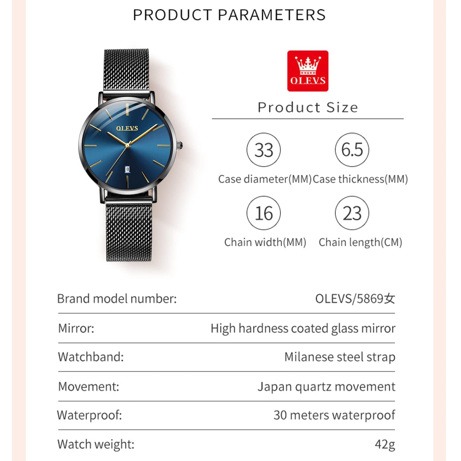 Foto 6 pulgar | Reloj Olevs Black Elegant Slim Para Mujer Con Esfera Azul Y Fecha - Venta Internacional.
