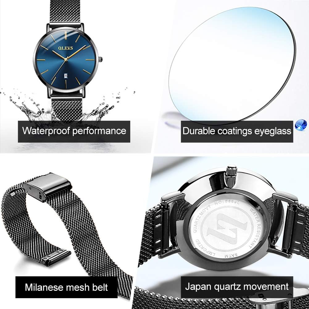 Foto 7 pulgar | Reloj Olevs Black Elegant Slim Para Mujer Con Esfera Azul Y Fecha - Venta Internacional.