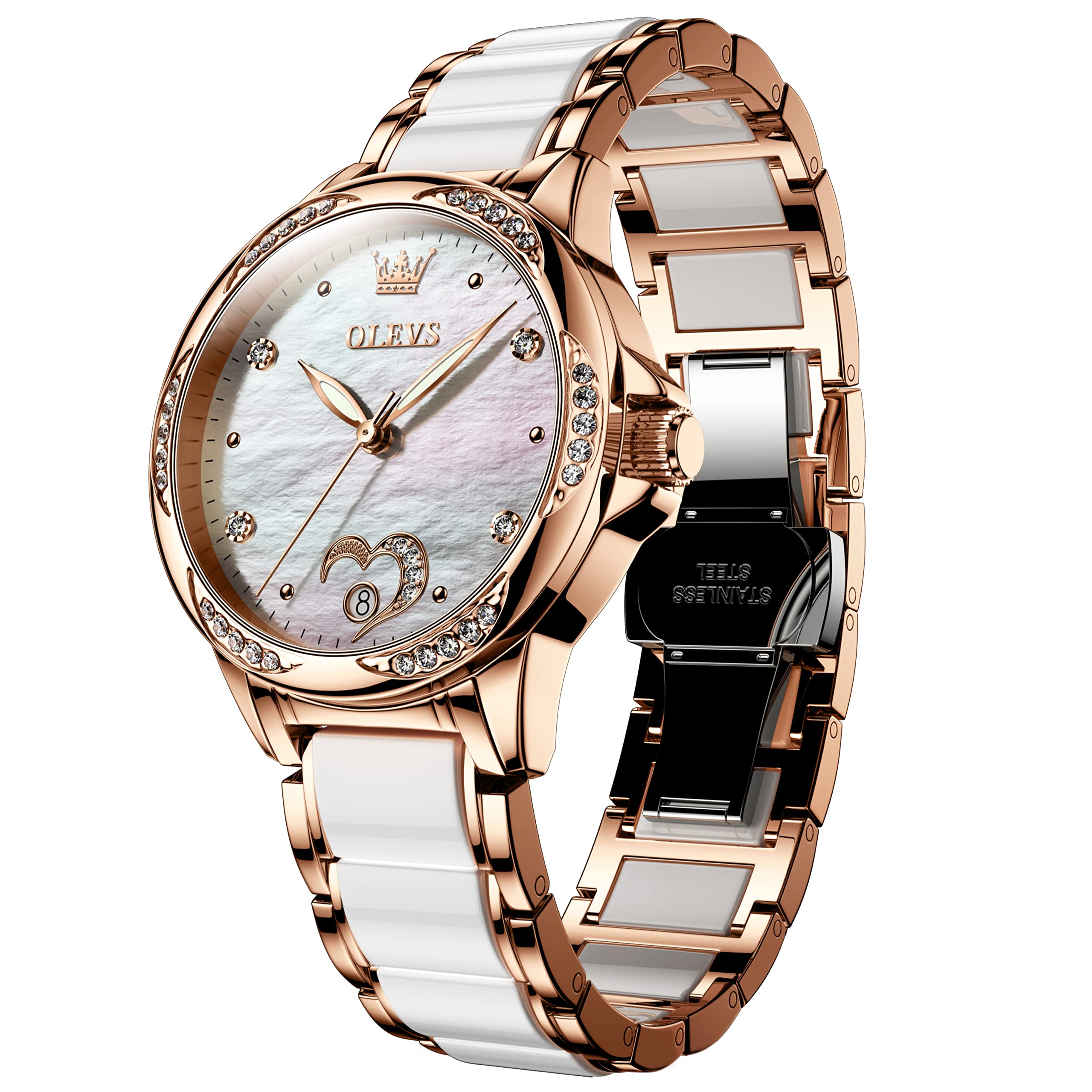 Reloj Olevs, Automático, De Cuerda Automática, Para Mujer, De Cerámica En Oro Rosa - Venta Internacional.
