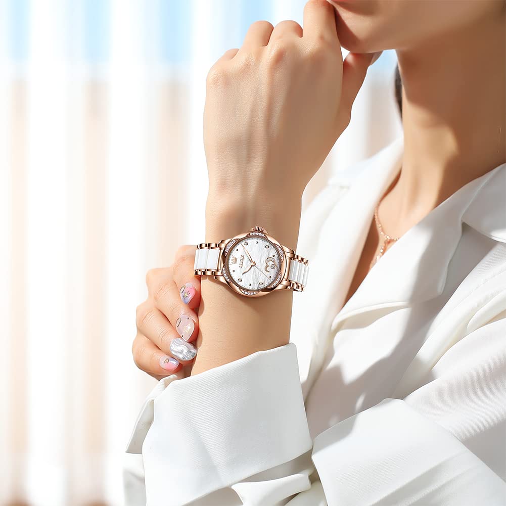 Foto 4 pulgar | Reloj Olevs, Automático, De Cuerda Automática, Para Mujer, De Cerámica En Oro Rosa - Venta Internacional.