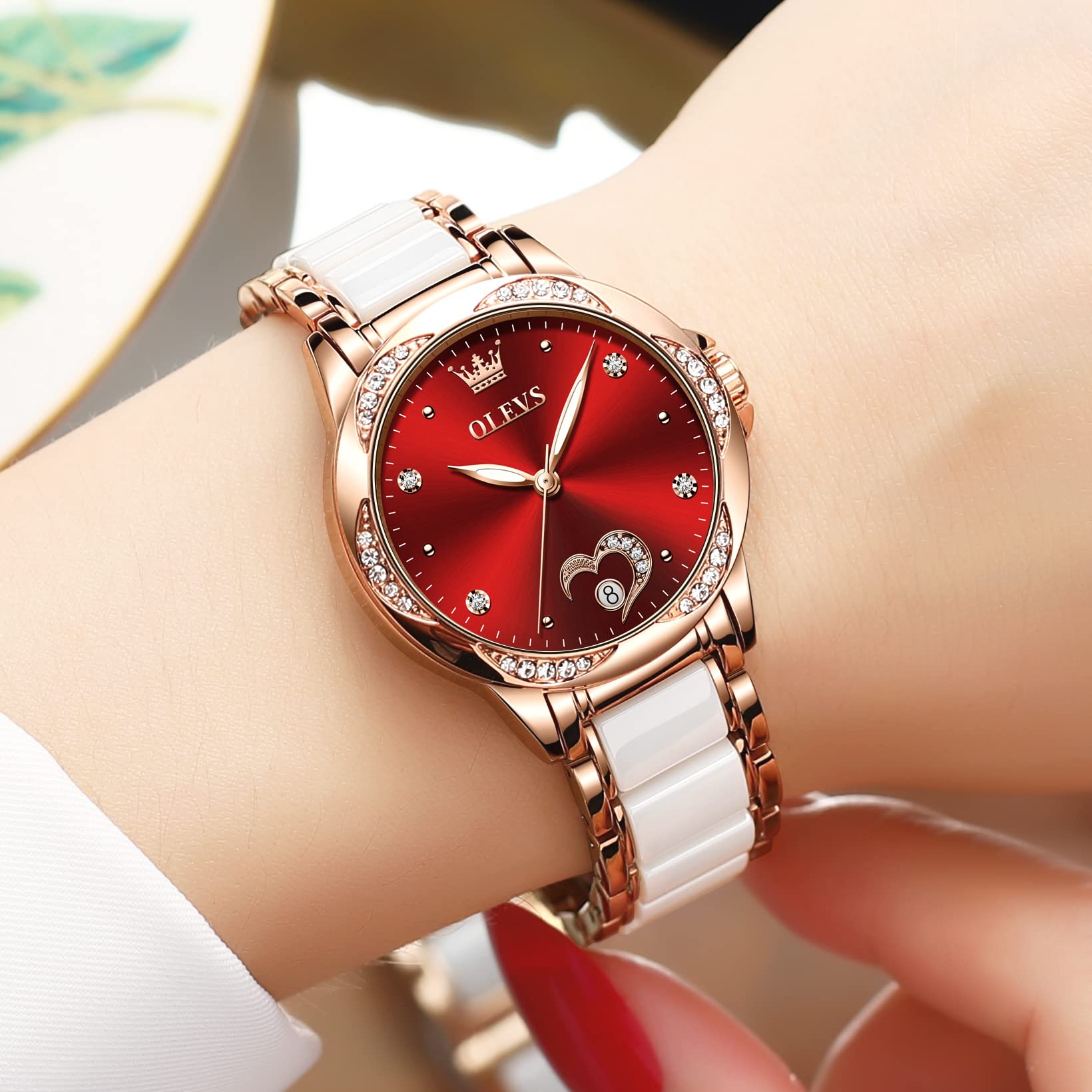 Foto 3 pulgar | Reloj Olevs Esfera Roja Acero Inoxidable para Mujer- Venta Internacional