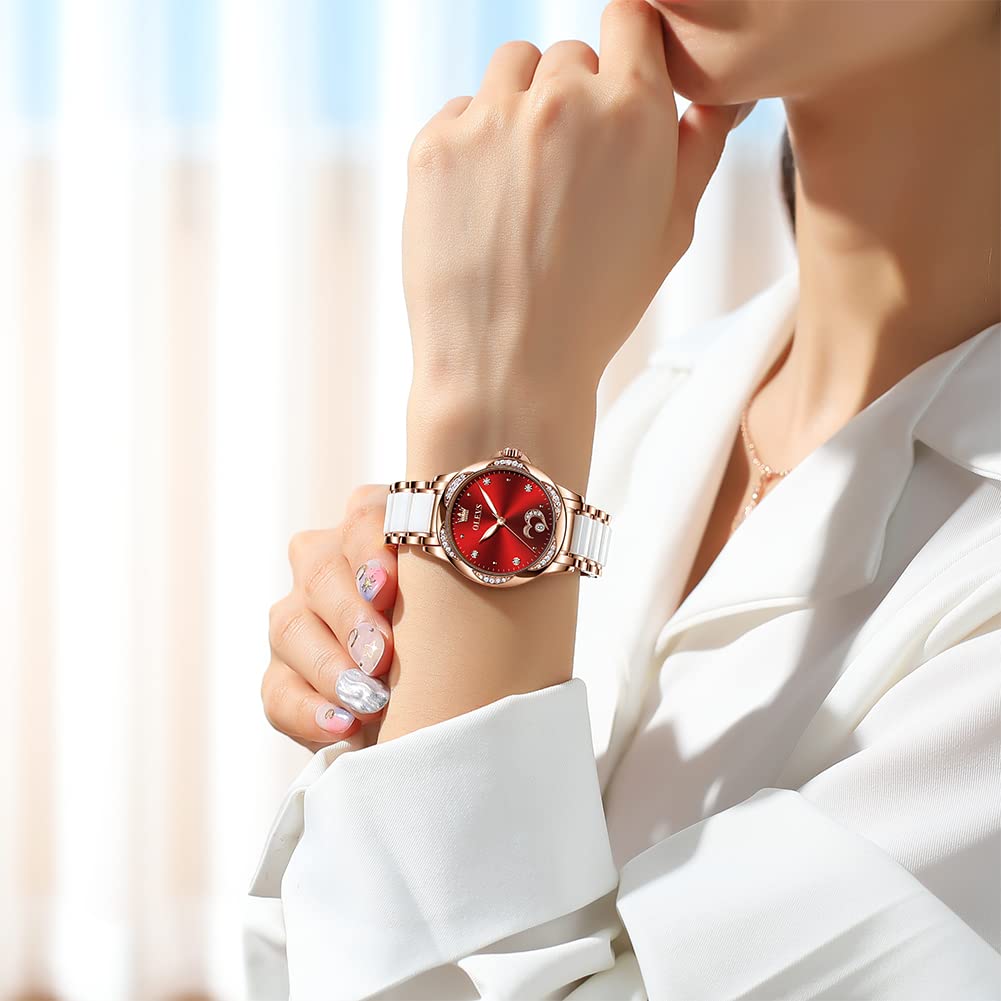 Foto 4 pulgar | Reloj Olevs Esfera Roja Acero Inoxidable para Mujer- Venta Internacional