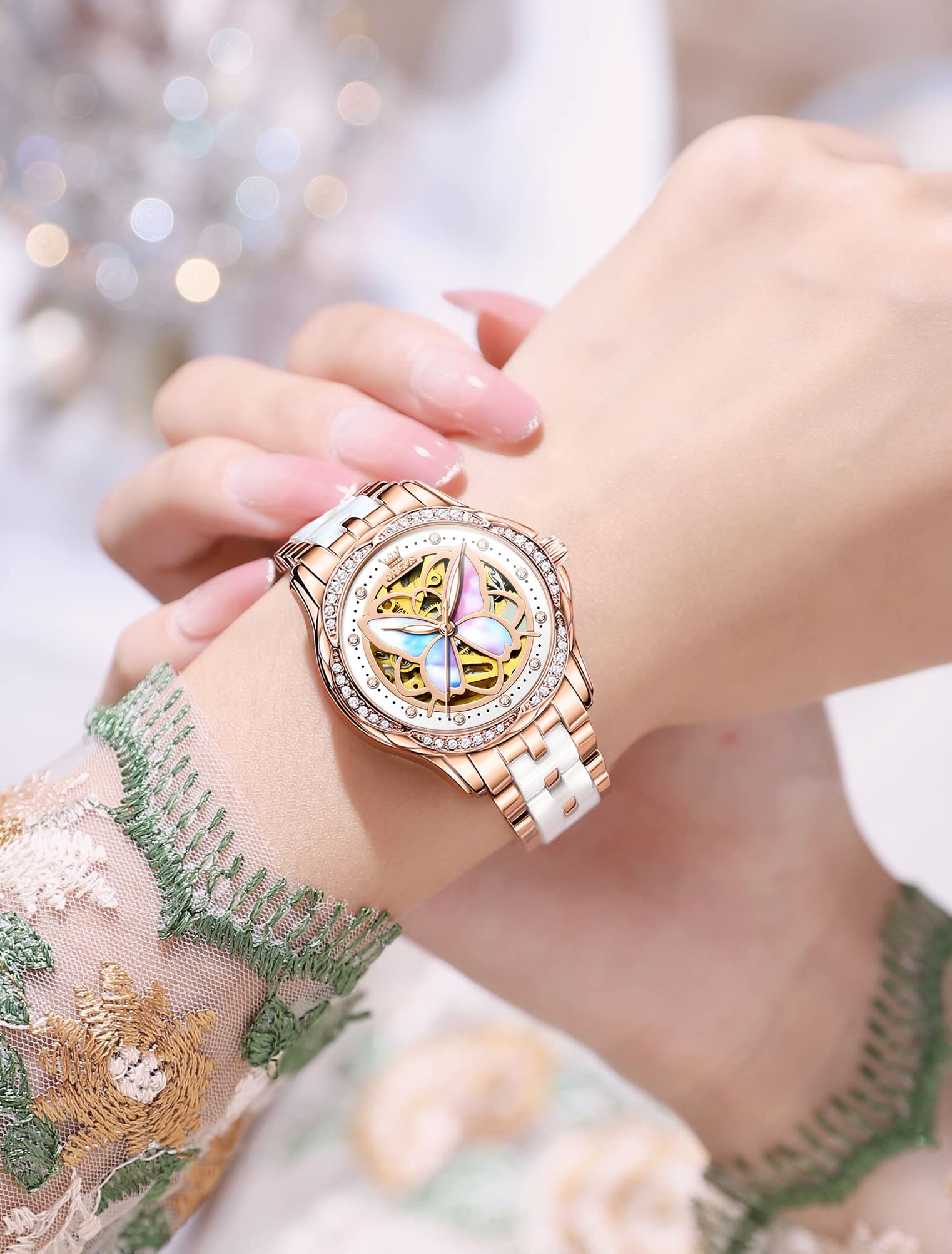 Foto 3 pulgar | Reloj Olevs Butterfly White Ceramic Automatic para Mujer - Venta Internacional