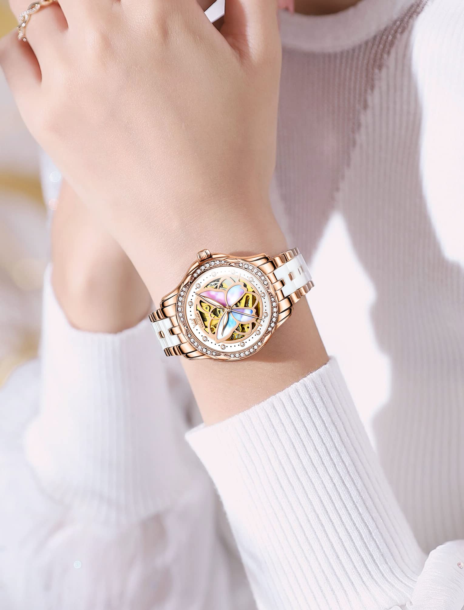 Foto 4 pulgar | Reloj Olevs Butterfly White Ceramic Automatic para Mujer - Venta Internacional
