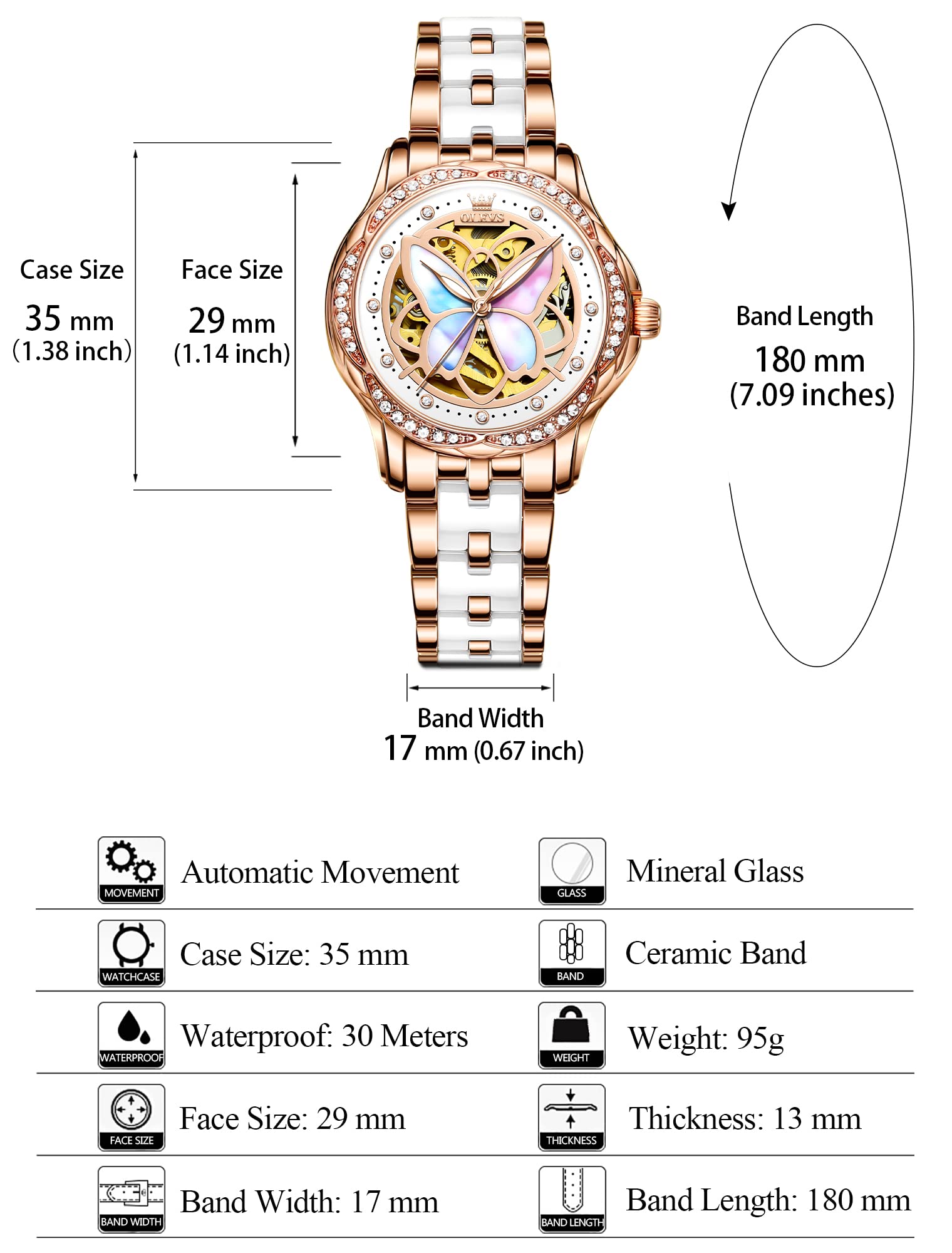 Foto 8 pulgar | Reloj Olevs Butterfly White Ceramic Automatic para Mujer - Venta Internacional