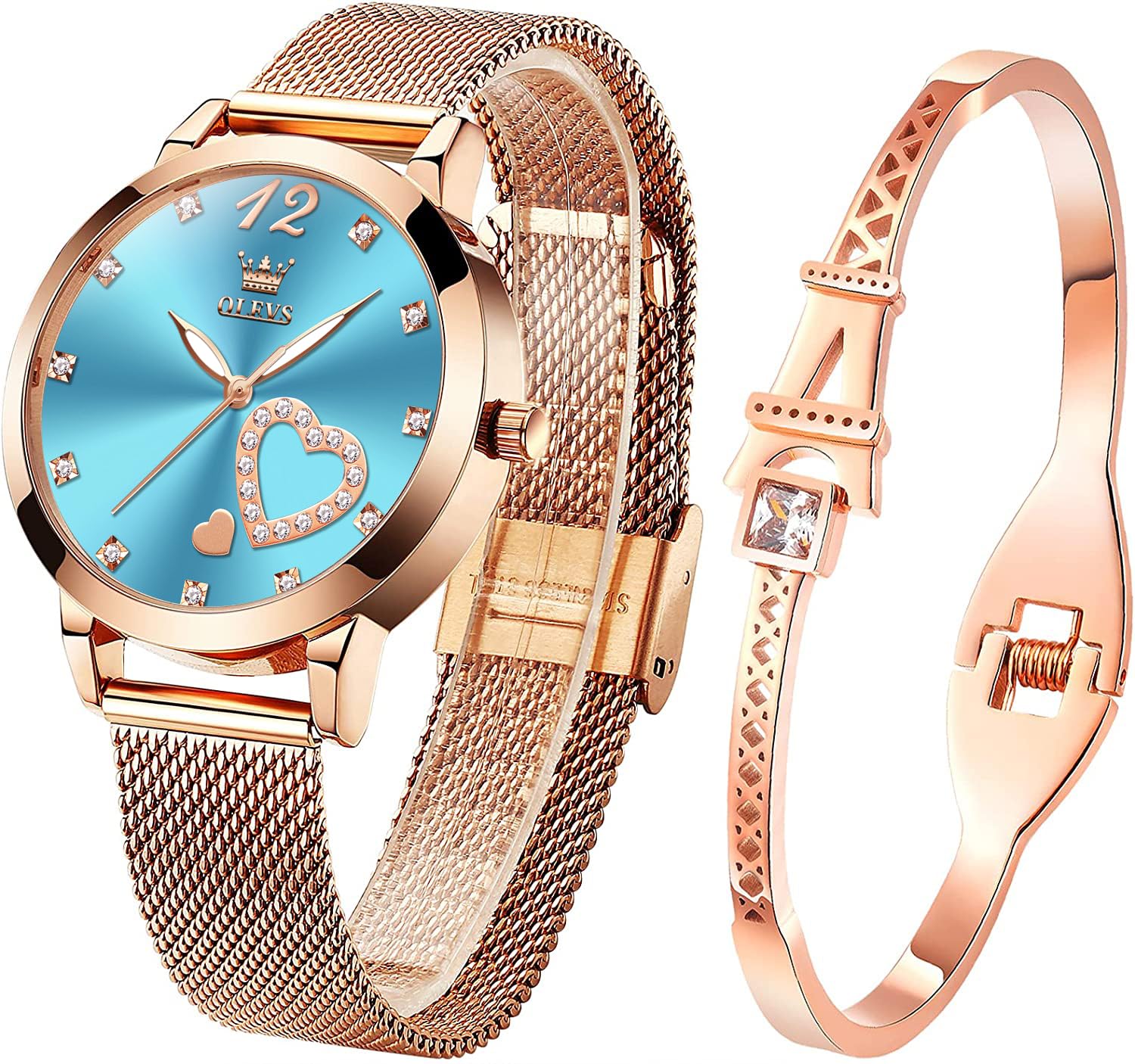 Foto 2 pulgar | Set de Reloj + Pulsera Olevs Dorado Rosa Minimalista para Mujer - Venta Internacional