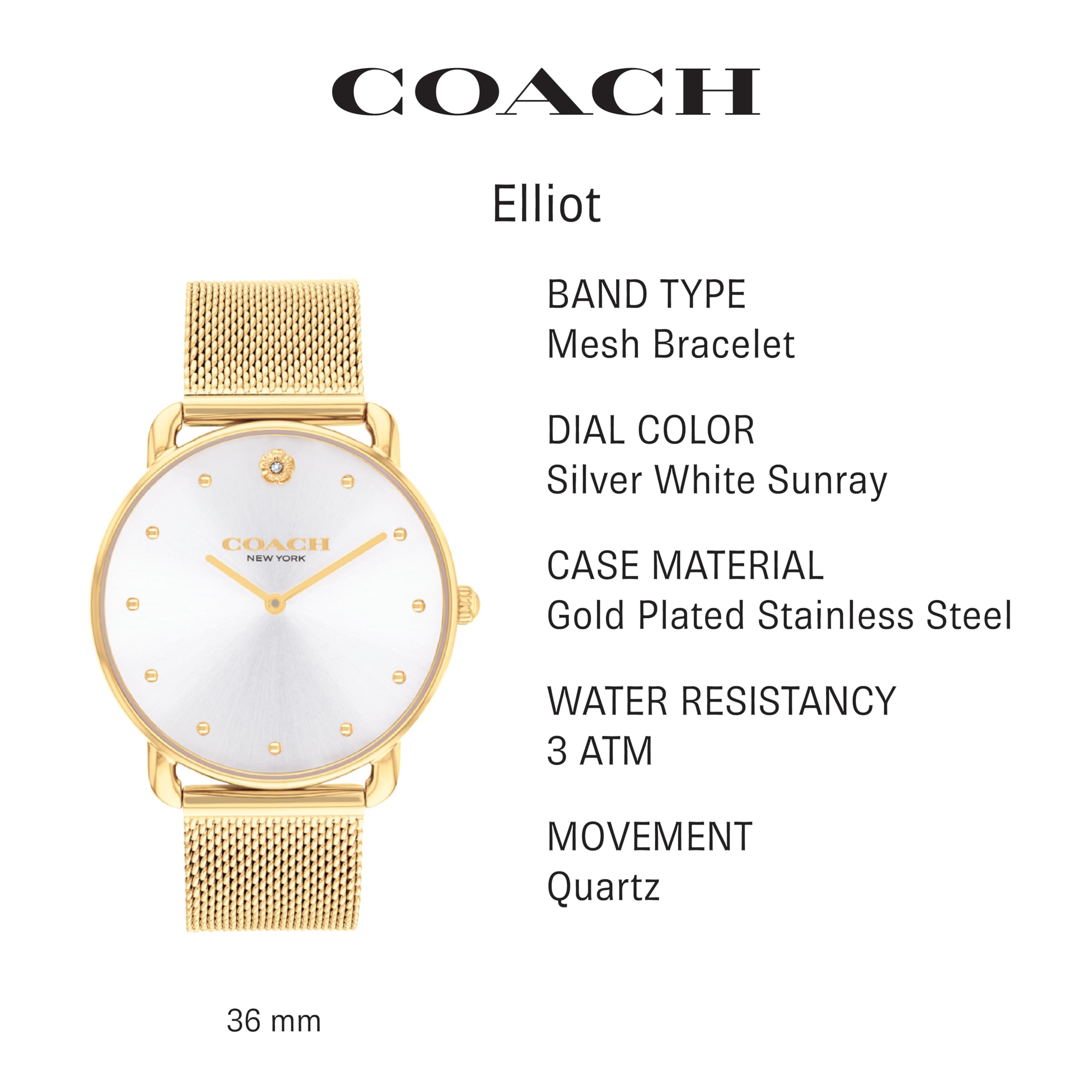 Foto 3 pulgar | Reloj Coach Elliot Elegante Dorado Con Pulsera De Malla Para Mujer - Venta Internacional.