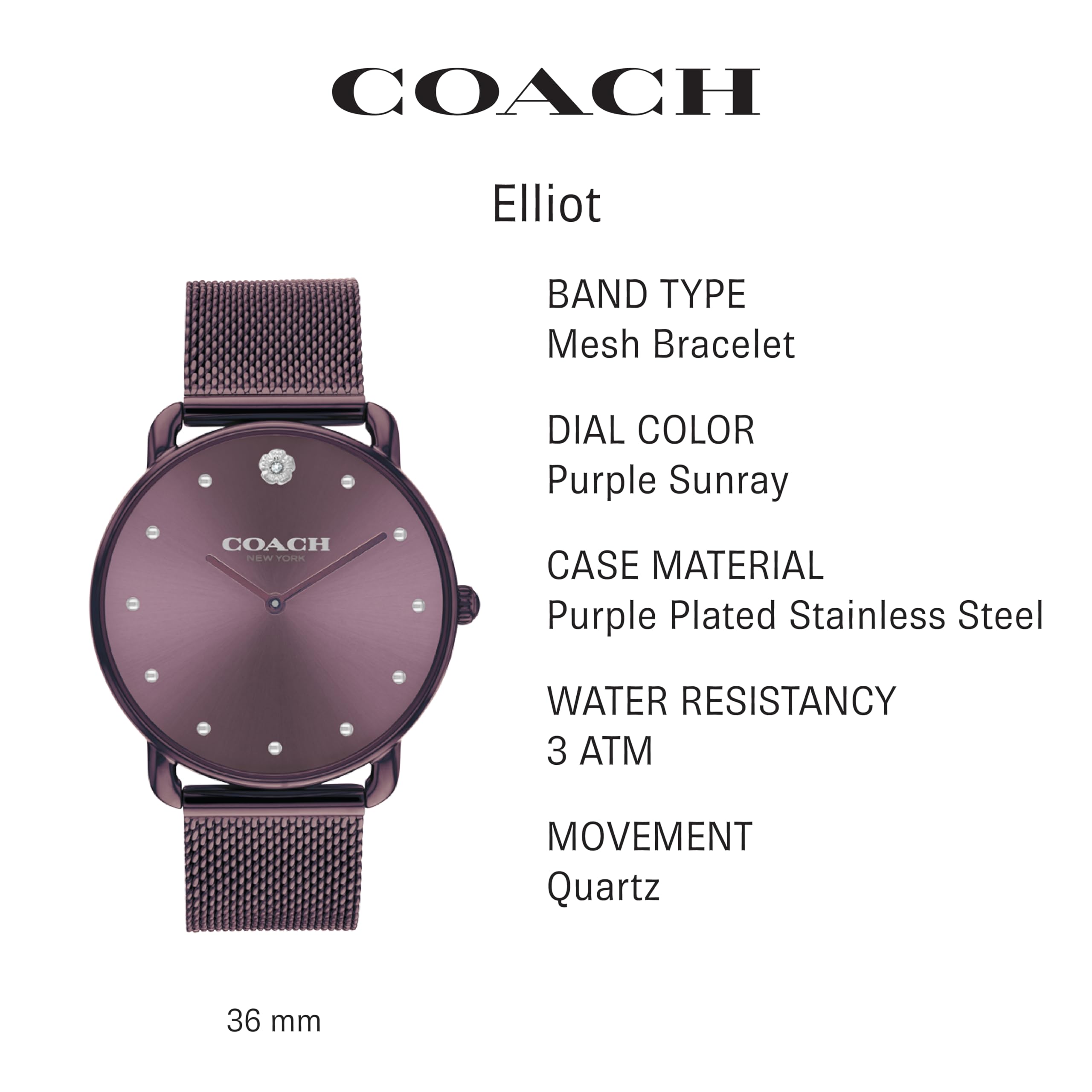 Foto 3 pulgar | Reloj Coach Elliot Elegante Para Mujer, Color Morado Con Pulsera De Malla - Venta Internacional.