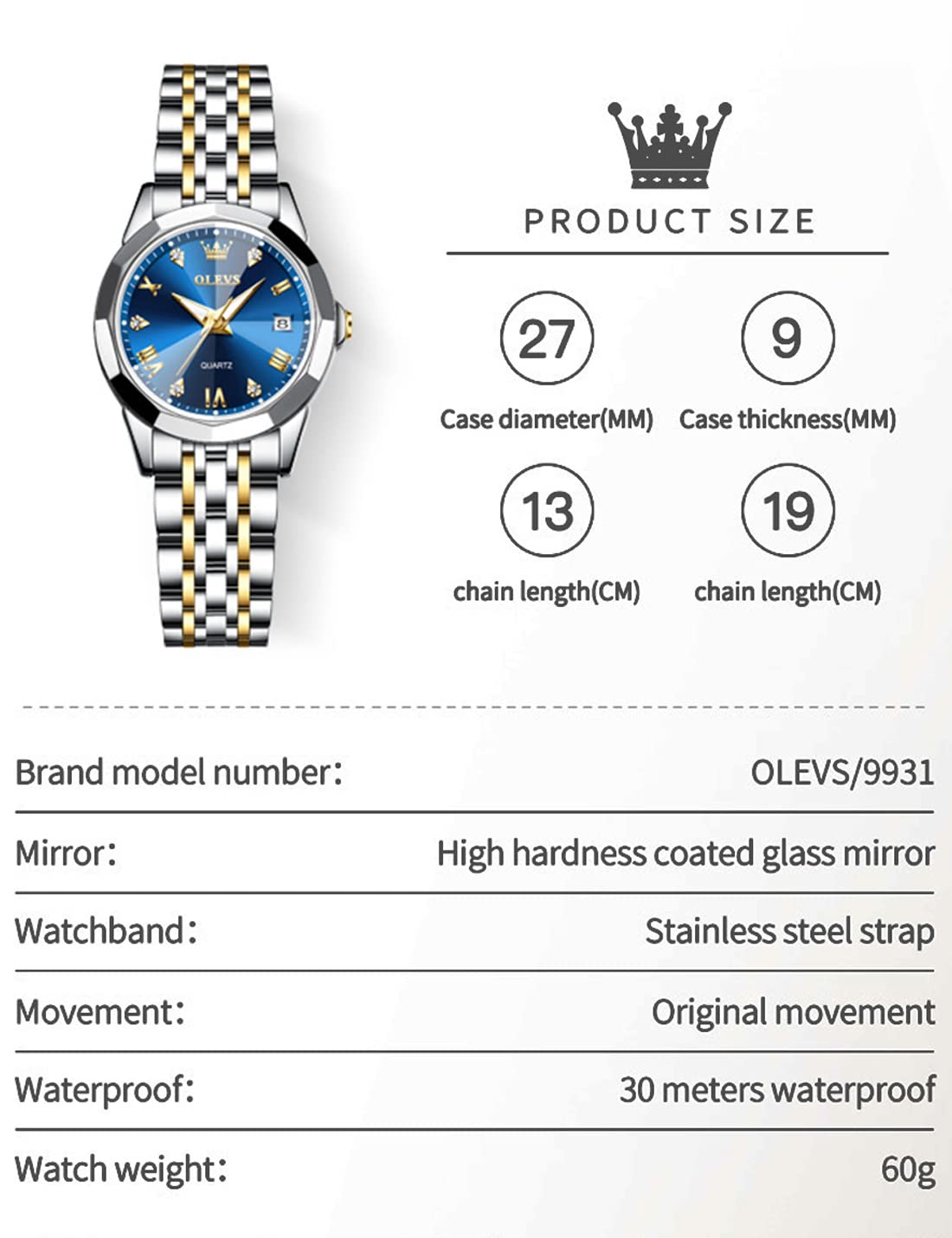 Foto 6 | Reloj Olevs Para Mujer Impermeable En Dos Tonos Con Diamante Romano - Venta Internacional