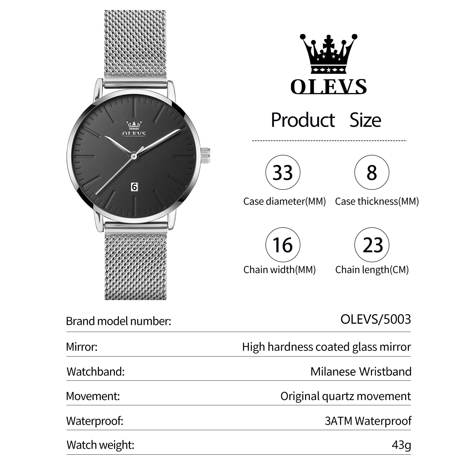 Foto 7 pulgar | Reloj Olevs para Mujer Con Esfera Negra Plateada Y Acero Inoxidable - Venta Internacional