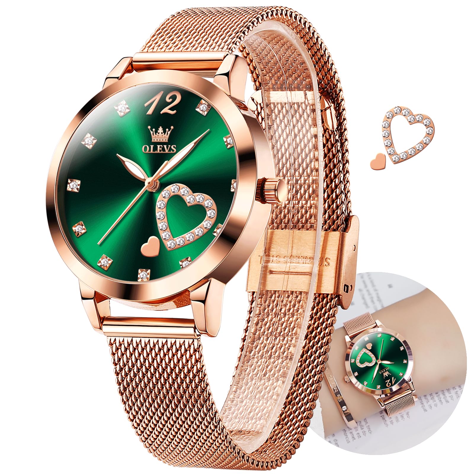 Foto 1 | Reloj Olevs Rose Gold Para Mujer Con Esfera Verde Y Diamantes - Venta Internacional
