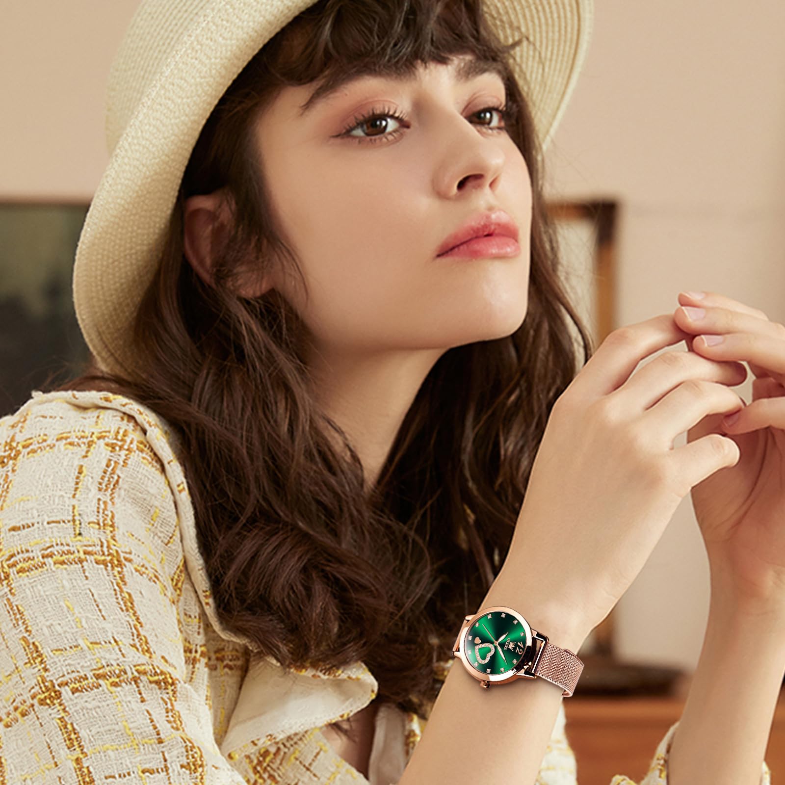 Foto 2 | Reloj Olevs Rose Gold Para Mujer Con Esfera Verde Y Diamantes - Venta Internacional