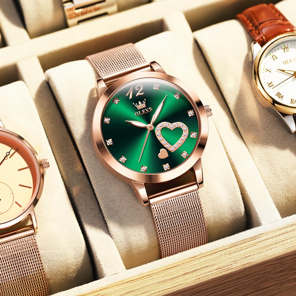 Foto 4 pulgar | Reloj Olevs Rose Gold Para Mujer Con Esfera Verde Y Diamantes - Venta Internacional