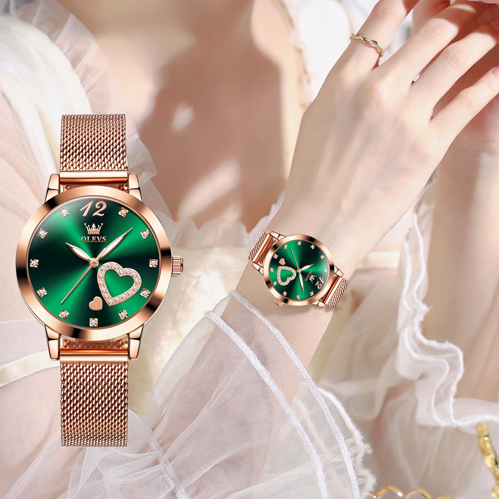 Foto 5 pulgar | Reloj Olevs Rose Gold Para Mujer Con Esfera Verde Y Diamantes - Venta Internacional