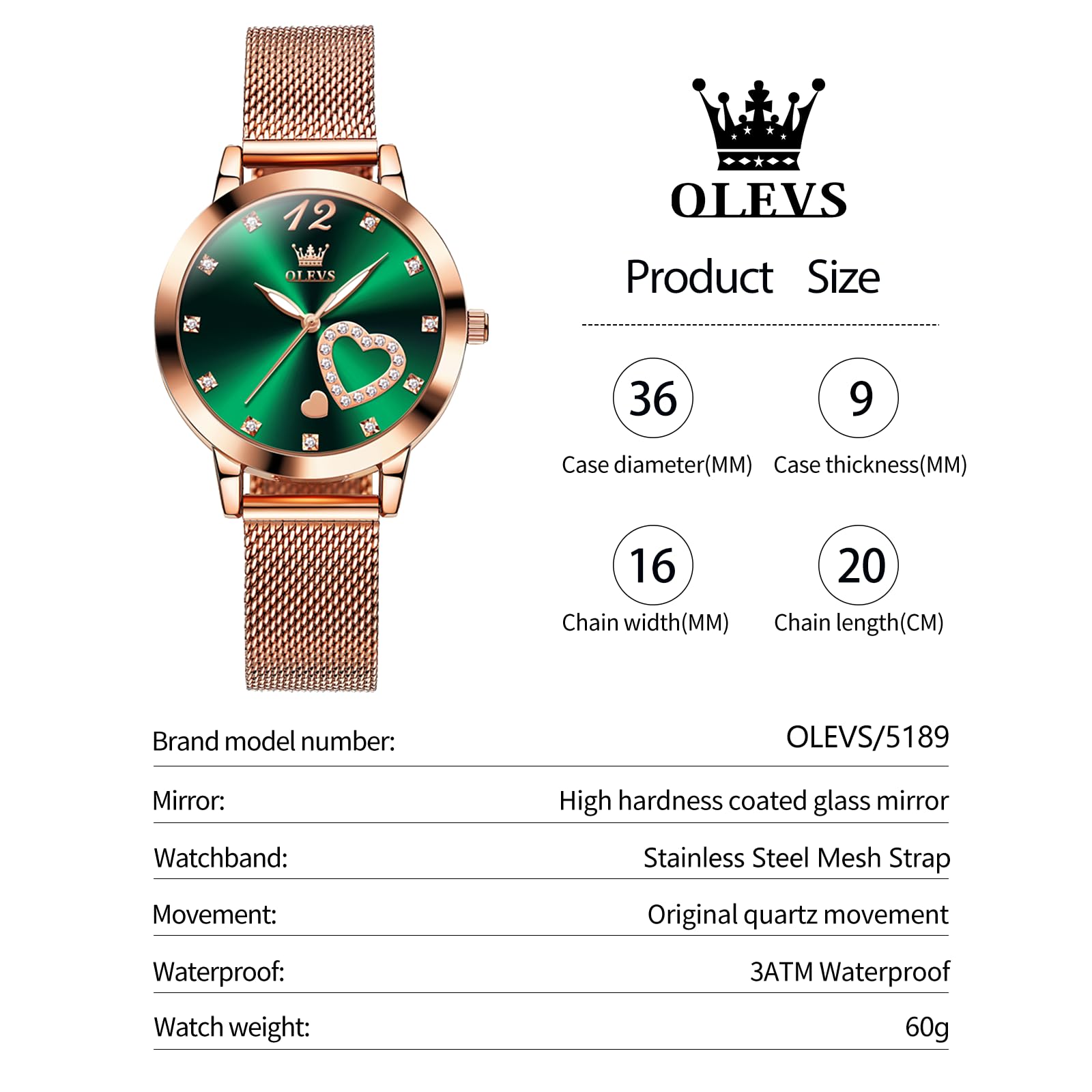 Foto 6 pulgar | Reloj Olevs Rose Gold Para Mujer Con Esfera Verde Y Diamantes - Venta Internacional