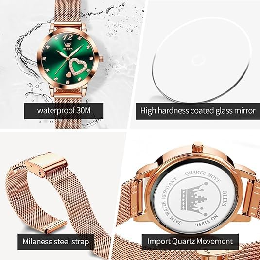 Foto 7 pulgar | Reloj Olevs Rose Gold Para Mujer Con Esfera Verde Y Diamantes - Venta Internacional