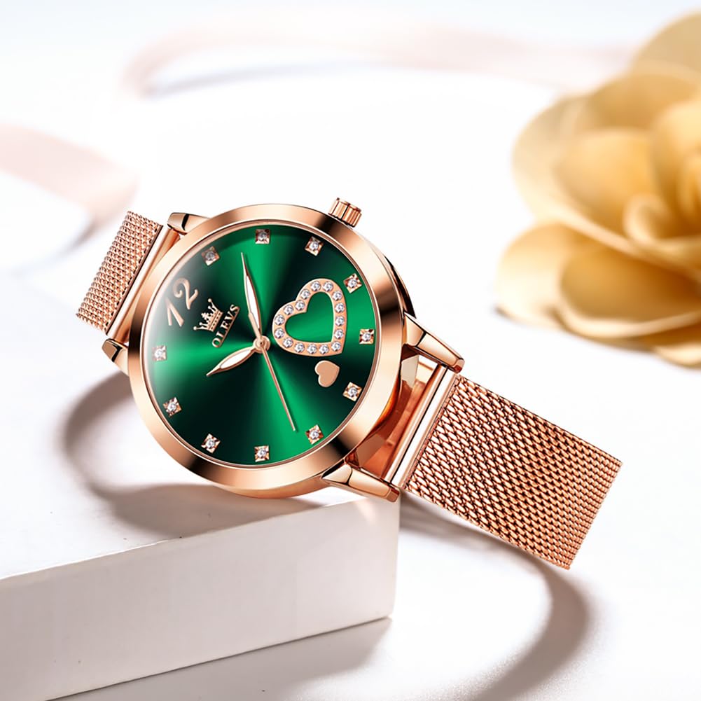 Foto 7 | Reloj Olevs Rose Gold Para Mujer Con Esfera Verde Y Diamantes - Venta Internacional