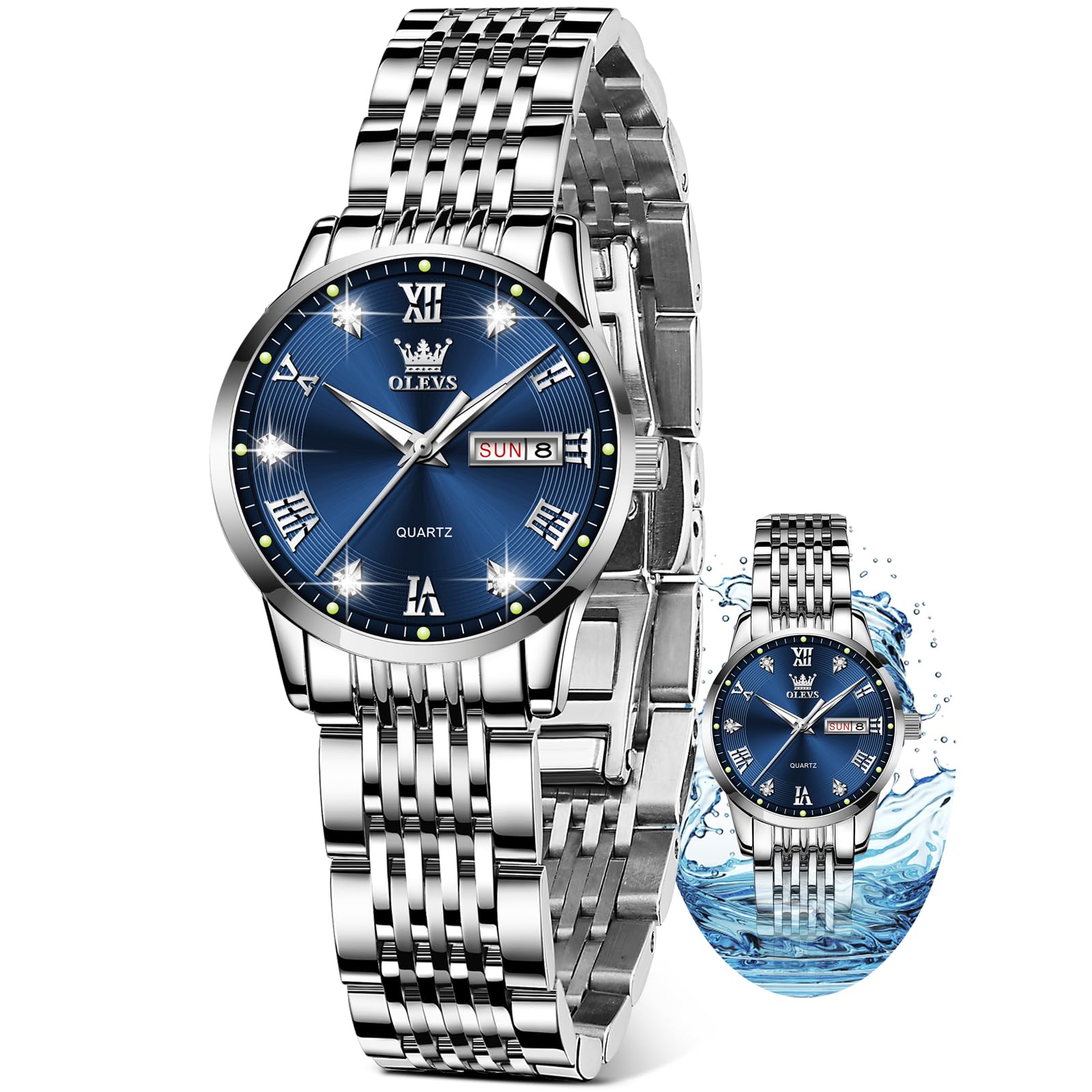 Reloj Olevs Plateado De Acero Inoxidable Con Esfera Azul Para Mujer - Venta Internacional.
