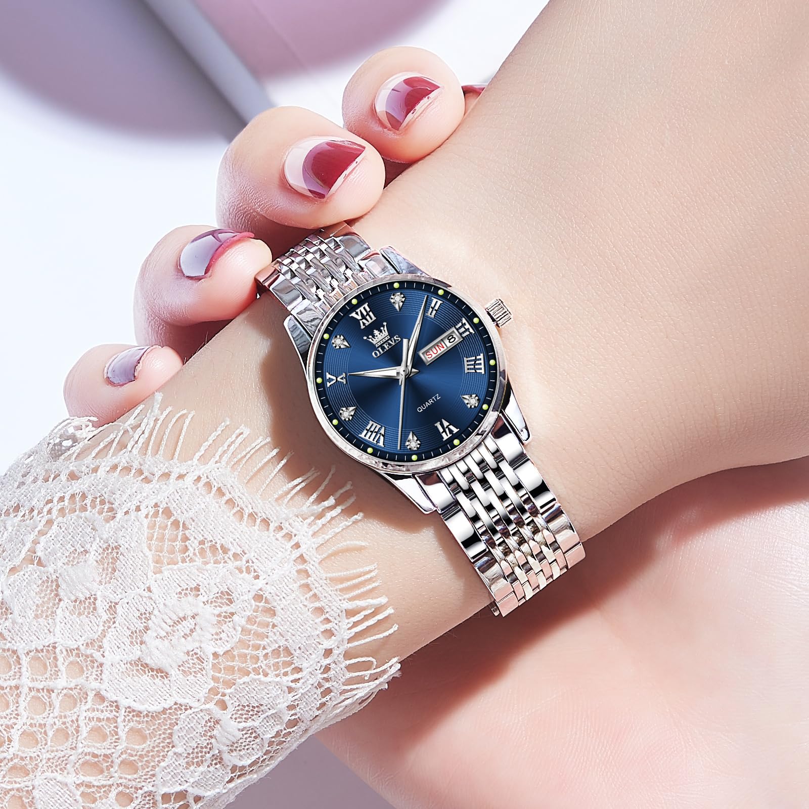 Foto 3 pulgar | Reloj Olevs Plateado De Acero Inoxidable Con Esfera Azul Para Mujer - Venta Internacional.