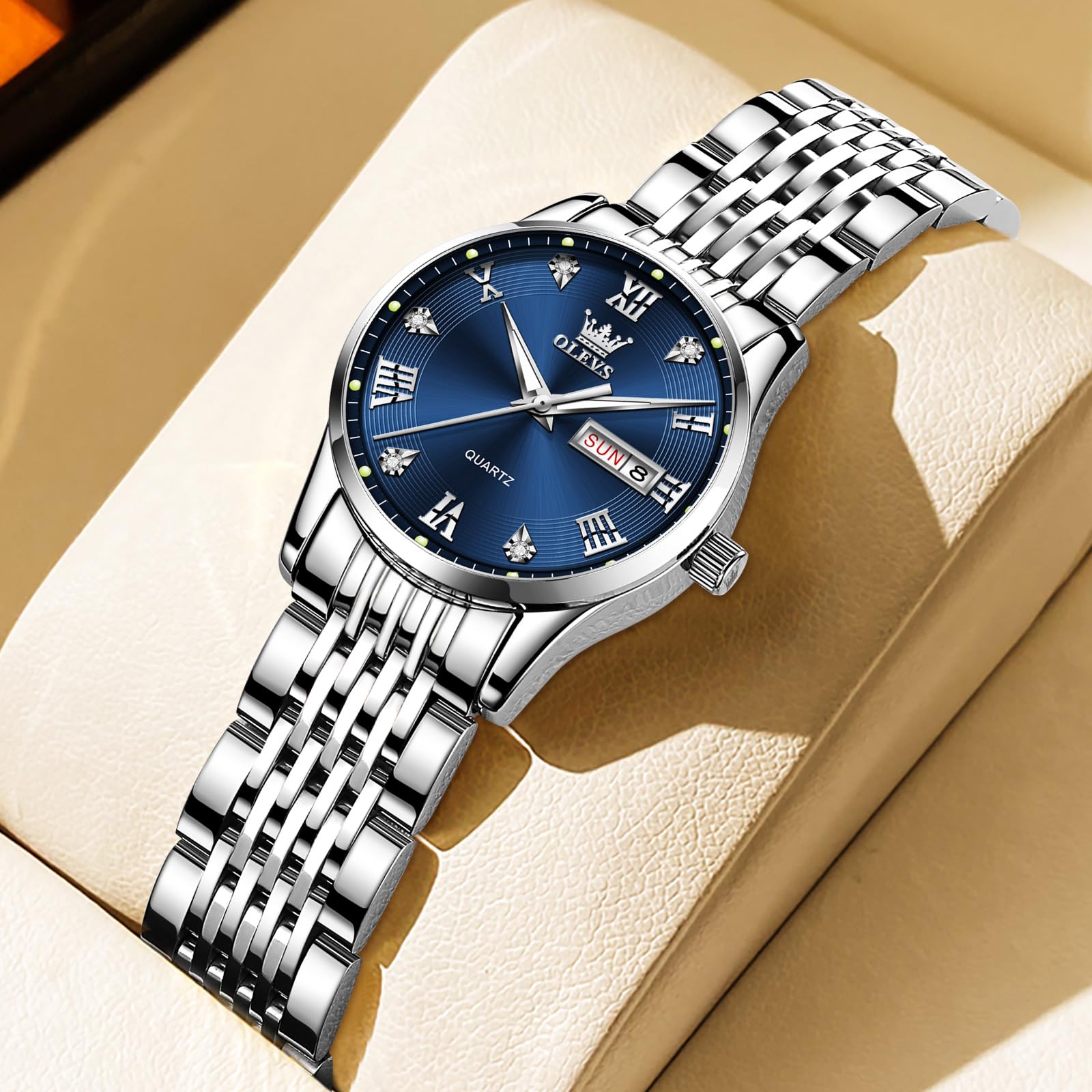 Foto 4 pulgar | Reloj Olevs Plateado De Acero Inoxidable Con Esfera Azul Para Mujer - Venta Internacional.