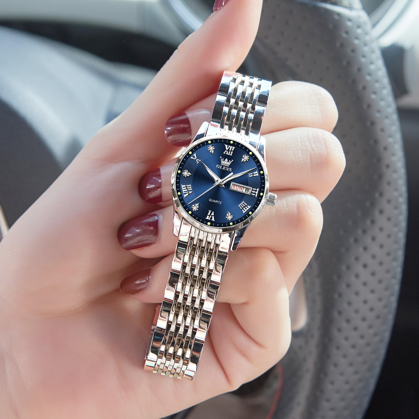 Foto 4 | Reloj Olevs Plateado De Acero Inoxidable Con Esfera Azul Para Mujer - Venta Internacional.