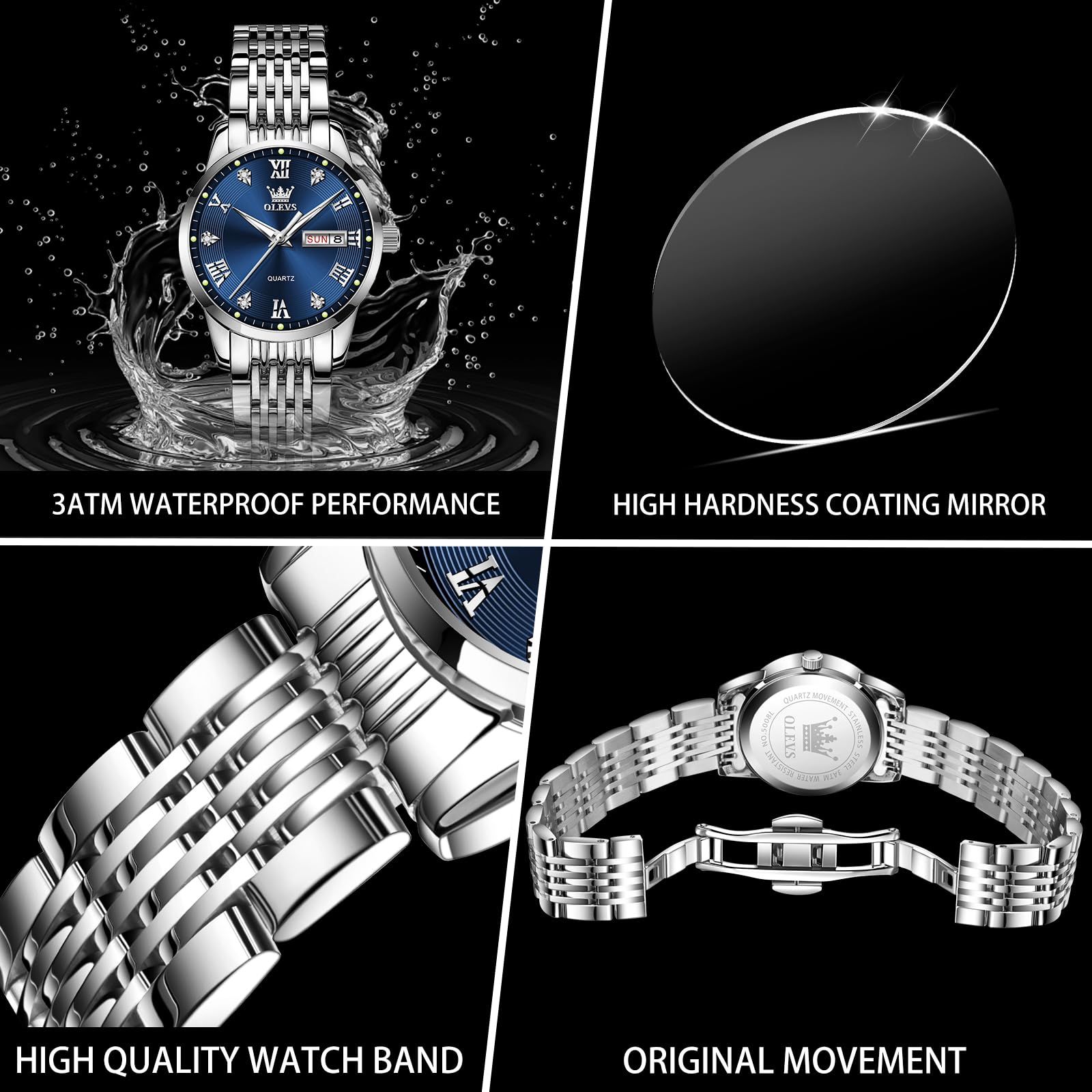 Foto 6 pulgar | Reloj Olevs Plateado De Acero Inoxidable Con Esfera Azul Para Mujer - Venta Internacional.