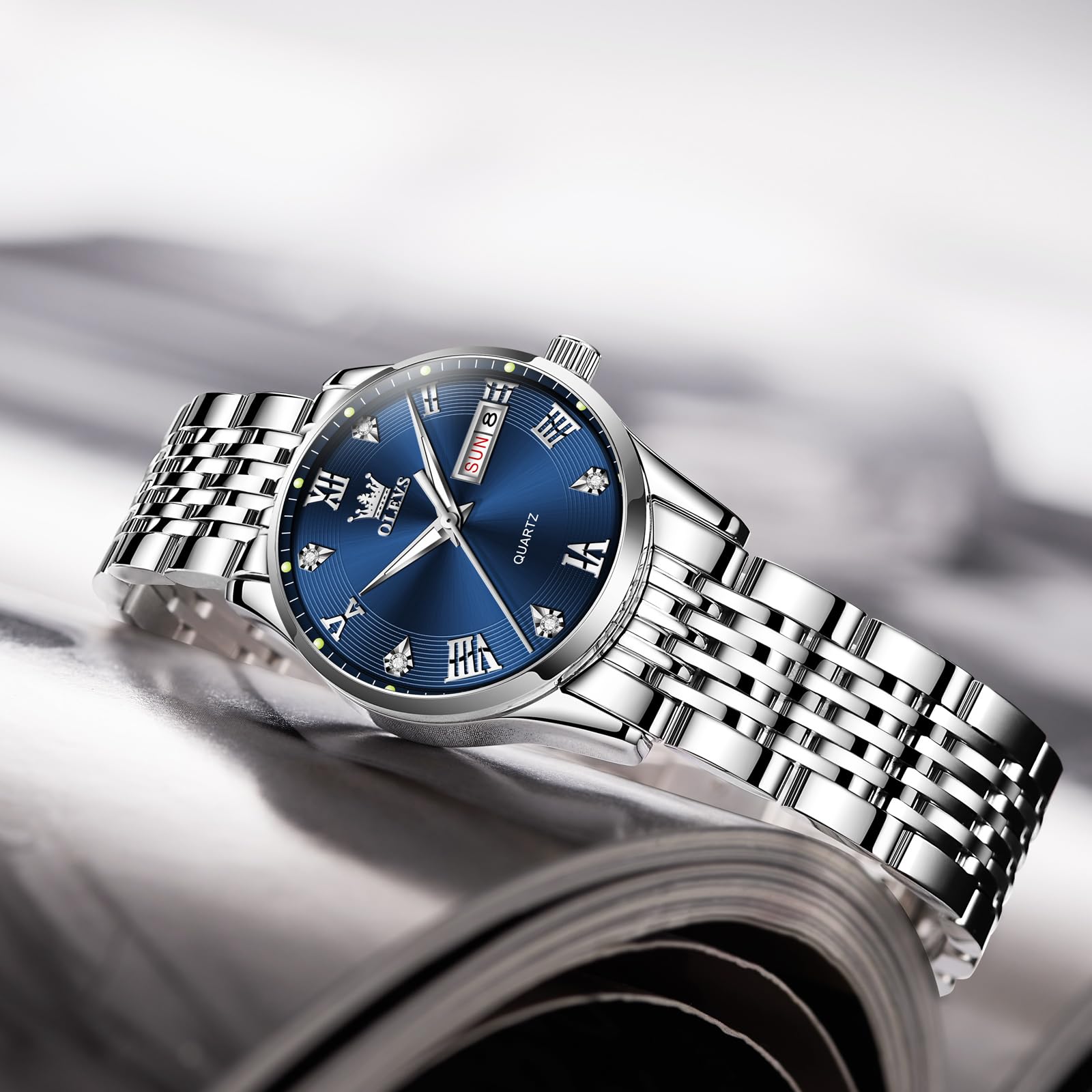 Foto 8 pulgar | Reloj Olevs Plateado De Acero Inoxidable Con Esfera Azul Para Mujer - Venta Internacional.