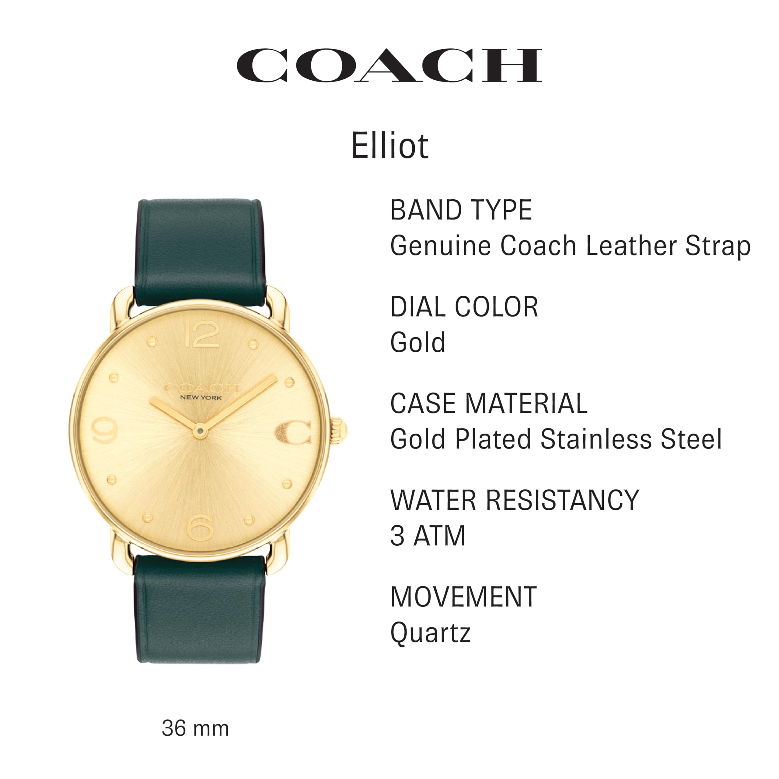 Foto 3 pulgar | Reloj Coach Elliot De Cuero Verde Elegante Para Mujer - Venta Internacional.