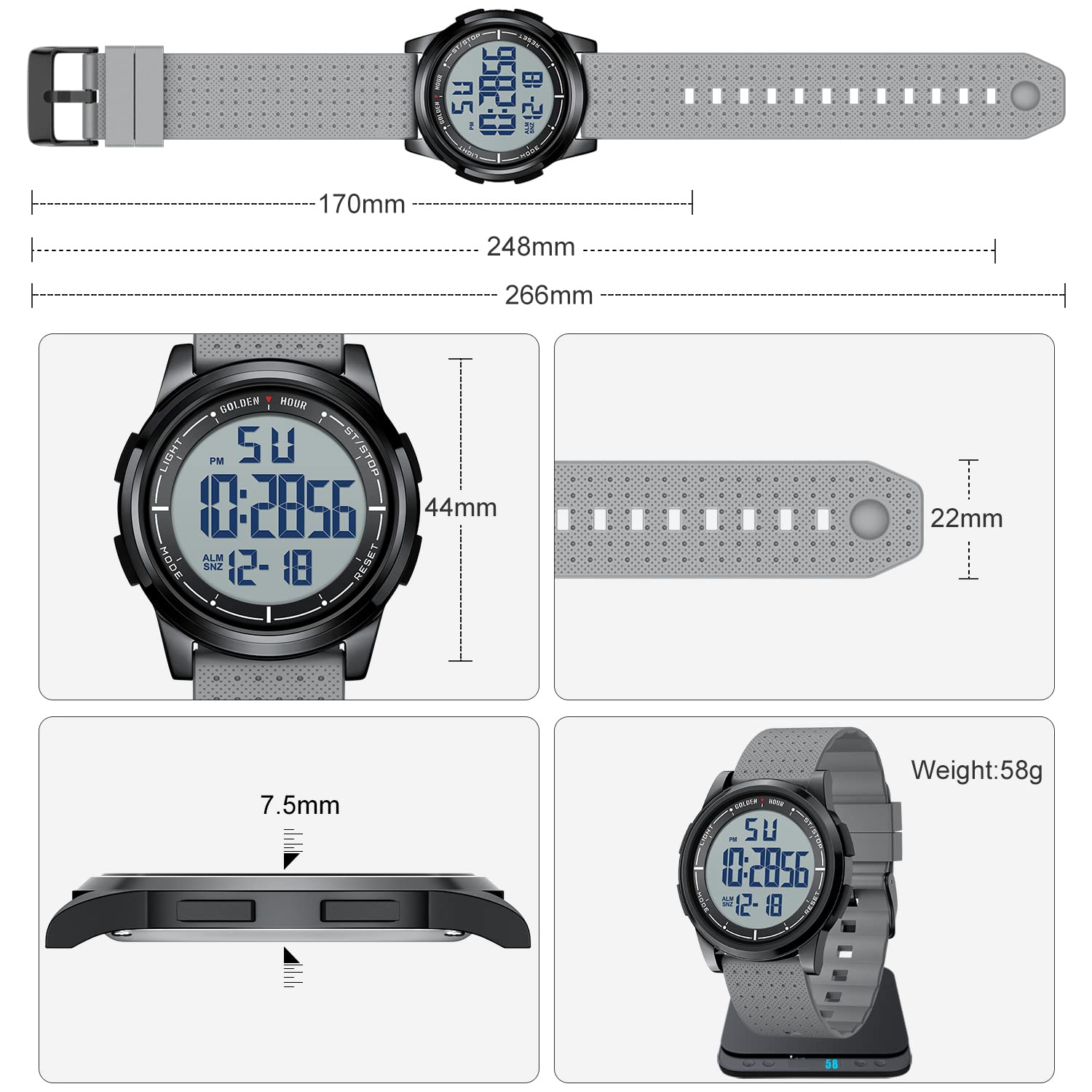 Foto 4 pulgar | Reloj Digital Golden Hour Ultradelgado E Impermeable Para Hombre, Gris - Venta Internacional.