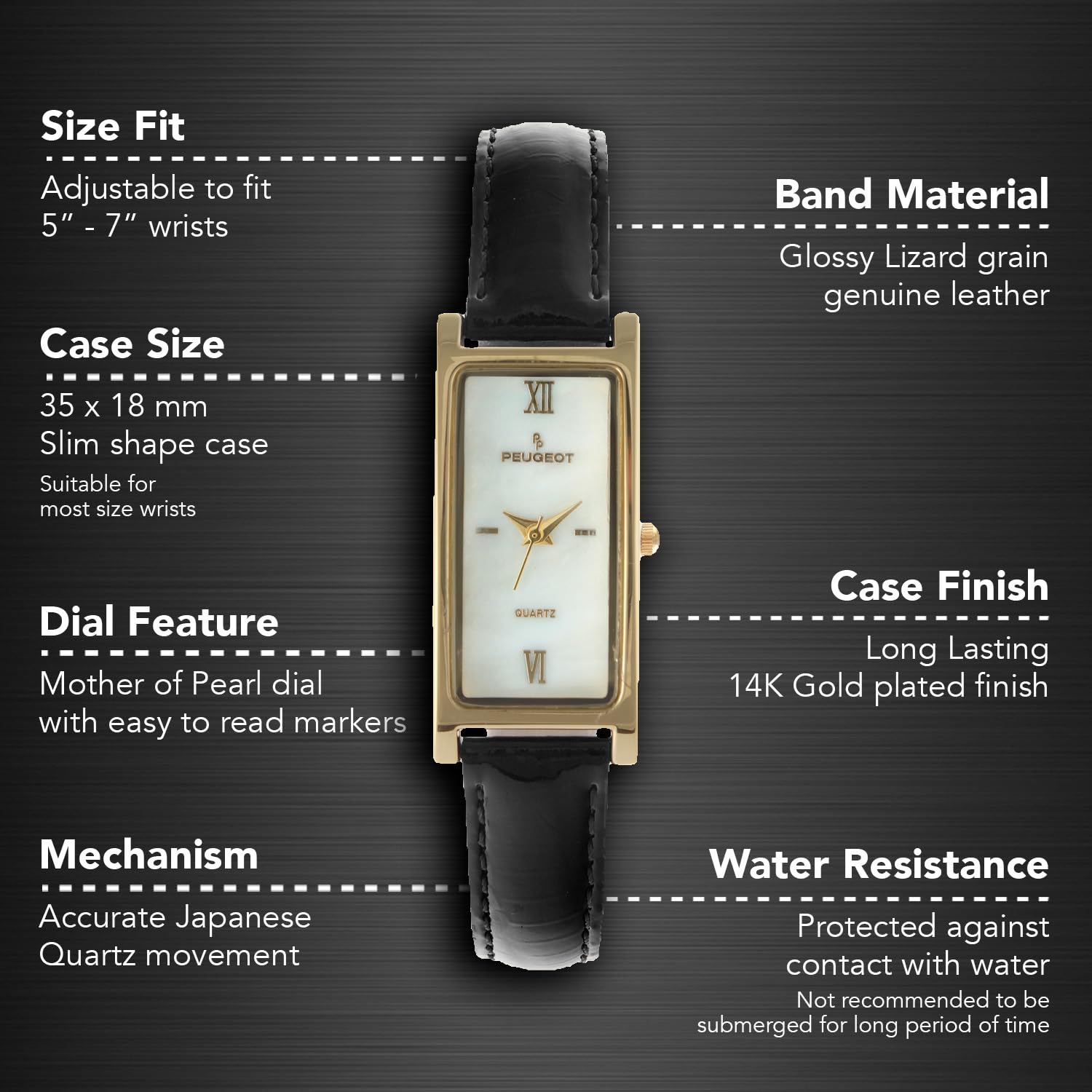 Foto 3 pulgar | Reloj Peugeot 3017bk Delgado De Piel Negra Chapado En Oro De 14 Quilates Para Mujer - Venta Internacional.