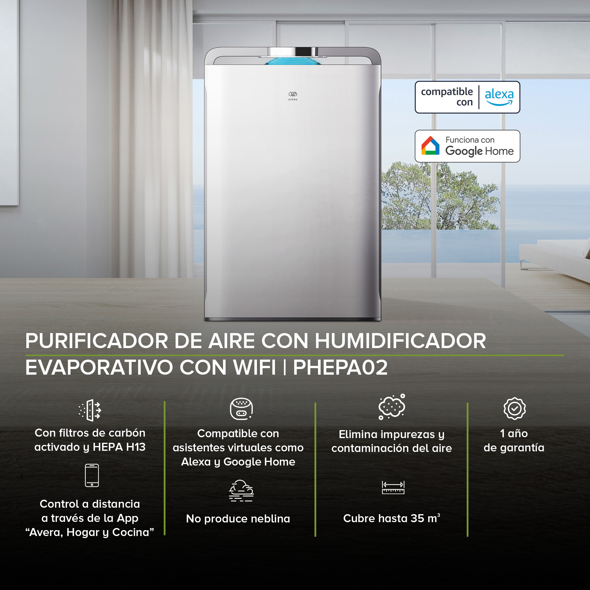 Foto 3 pulgar | Purificador De Aire Wifi Filtro Hepa Humificador 1.6l Avera Phepa02 - Color Blanco