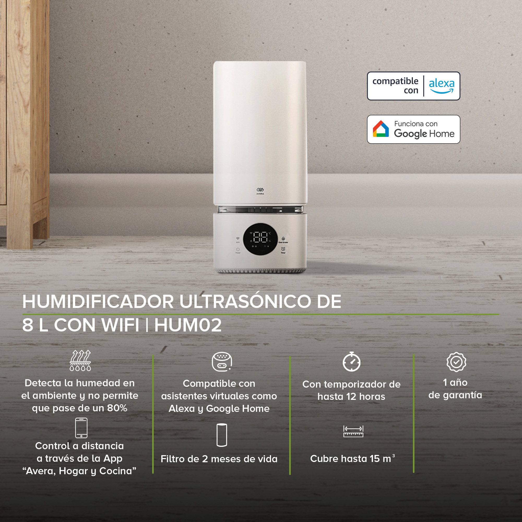 Foto 3 pulgar | Humidificador Ultrasónico De 8 Litros Wifi Iot Avera Hum02- Color Blanco