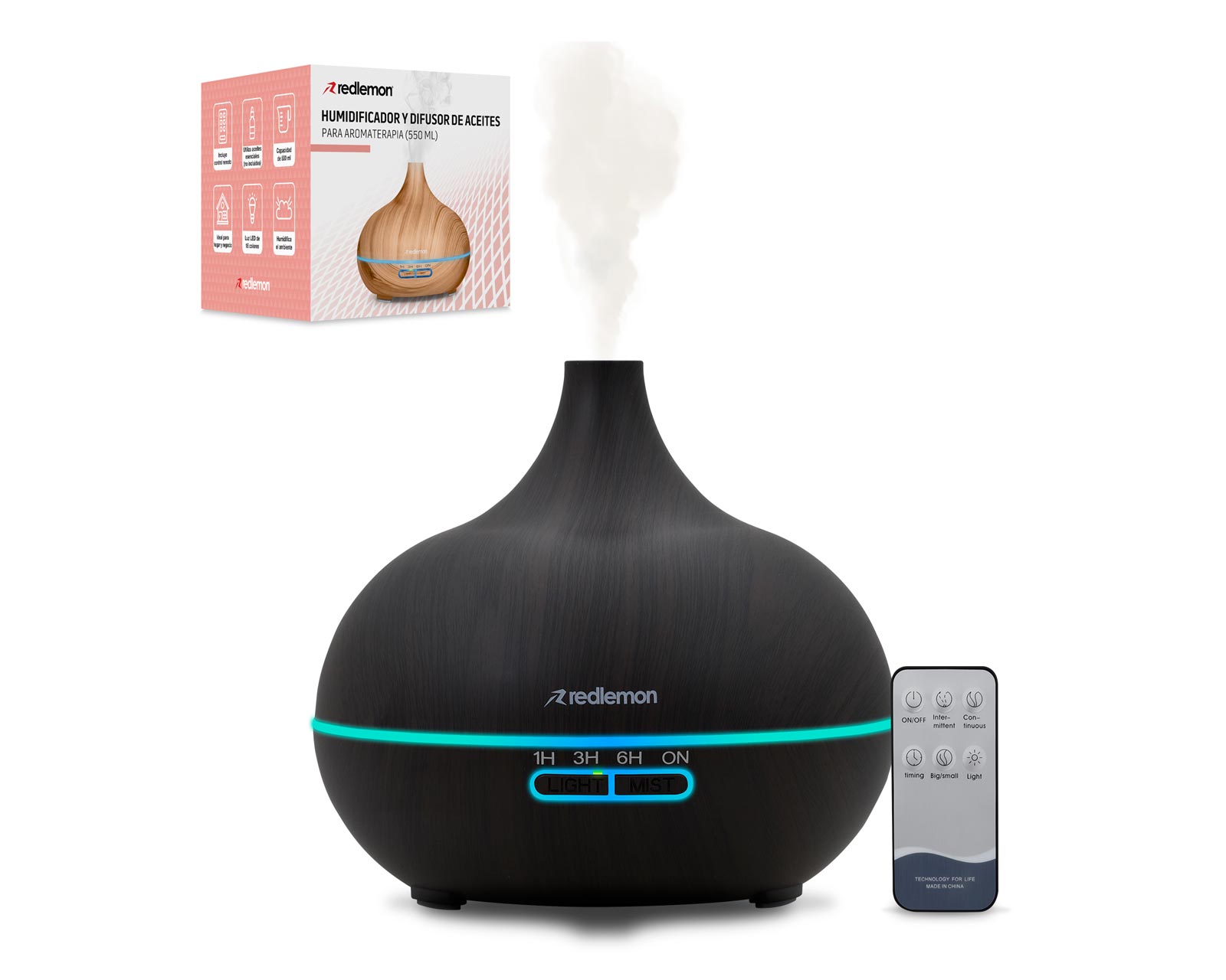 Humidificador y Difusor de Aceites Esenciales Redlemon color Negro con Control Remoto 550 ml