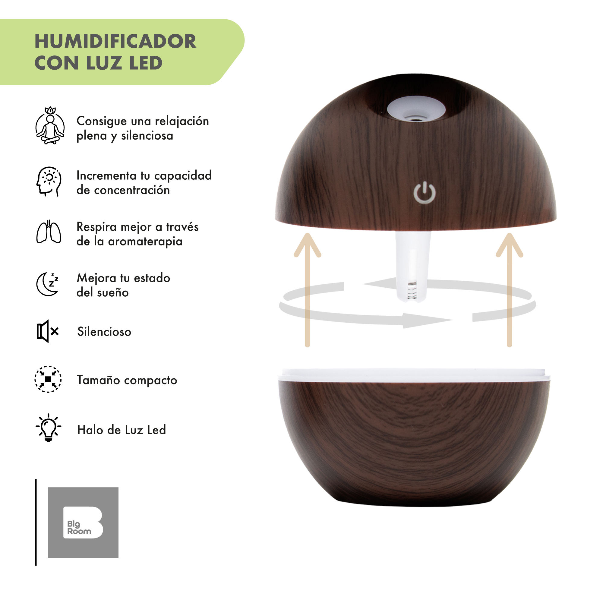 Foto 2 | Difusor Humidificador Big Room con Usb y Luces color Marrón