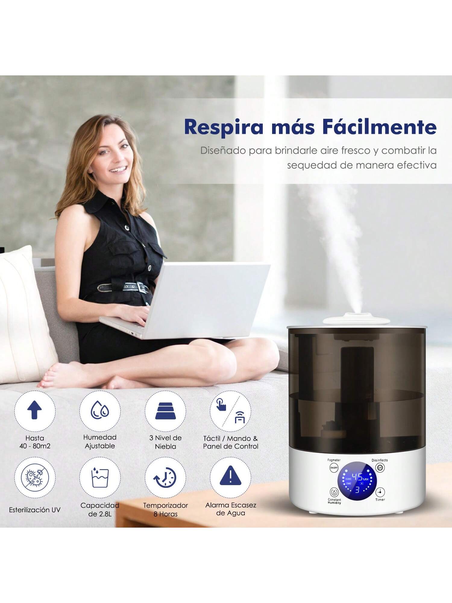 Foto 3 pulgar | Humidificador Ultrasónico con Pantalla LED Sangkee H10137 Blanco