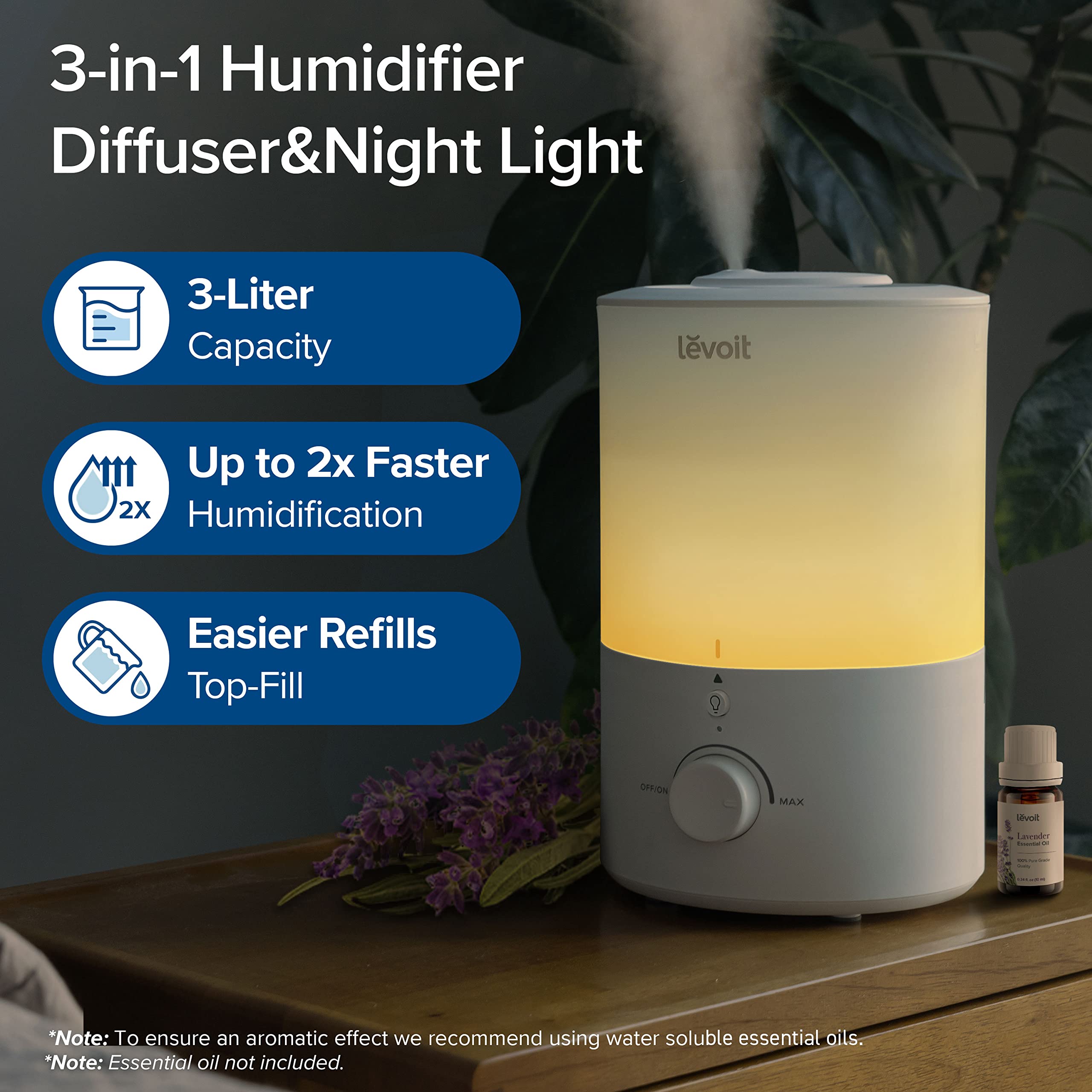 Foto 3 pulgar | Humidificador Levoit Para Dormitorio Con Luz Nocturna Y Tanque De Agua De 3 Litros - Venta Internacional.