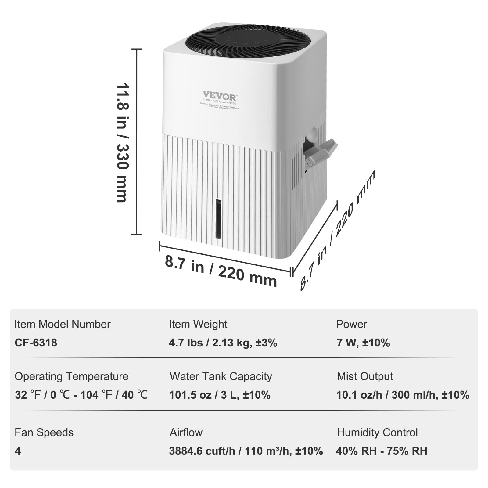 Foto 8 pulgar | Humidificador Evaporativo Vevor Mist-free 3l Con 300 Ml/h Para 44 M² - Venta Internacional.